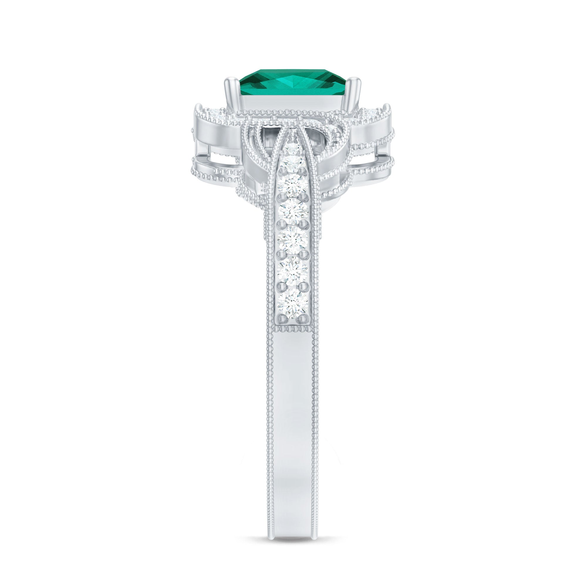 Lab Grown Emerald Vintage Inspired Engagement Ring with Diamond AAAA - Rosec Jewels