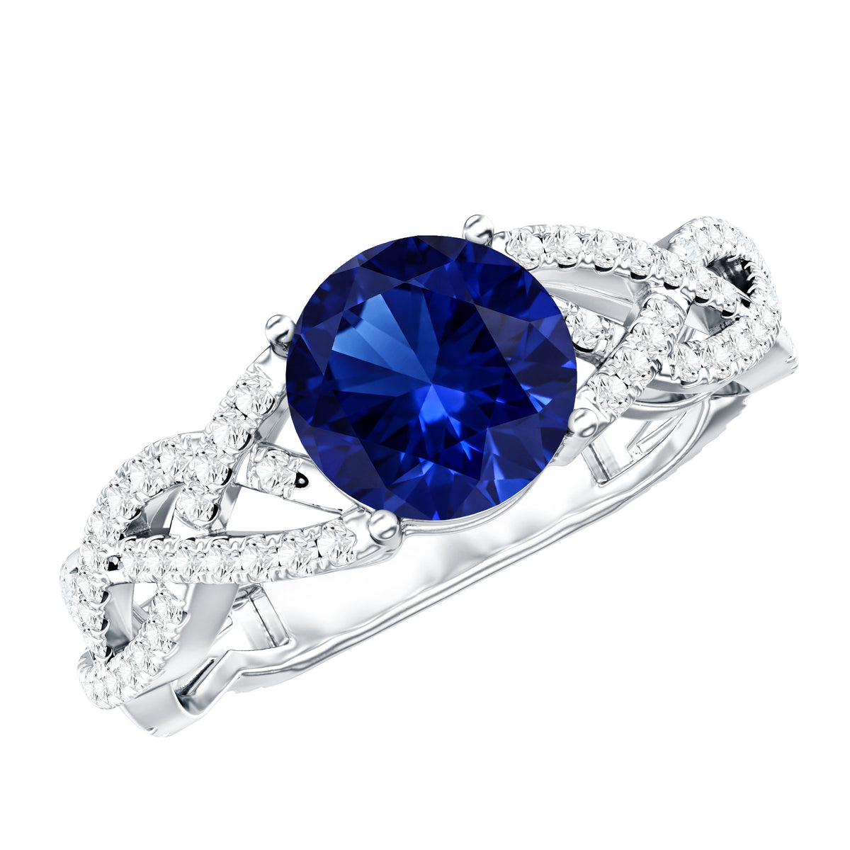 Designer 2.7 Carat Lab Grown Blue Sapphire Engagement Ring with Diamond Criss Cross Shank AAAA - Rosec Jewels