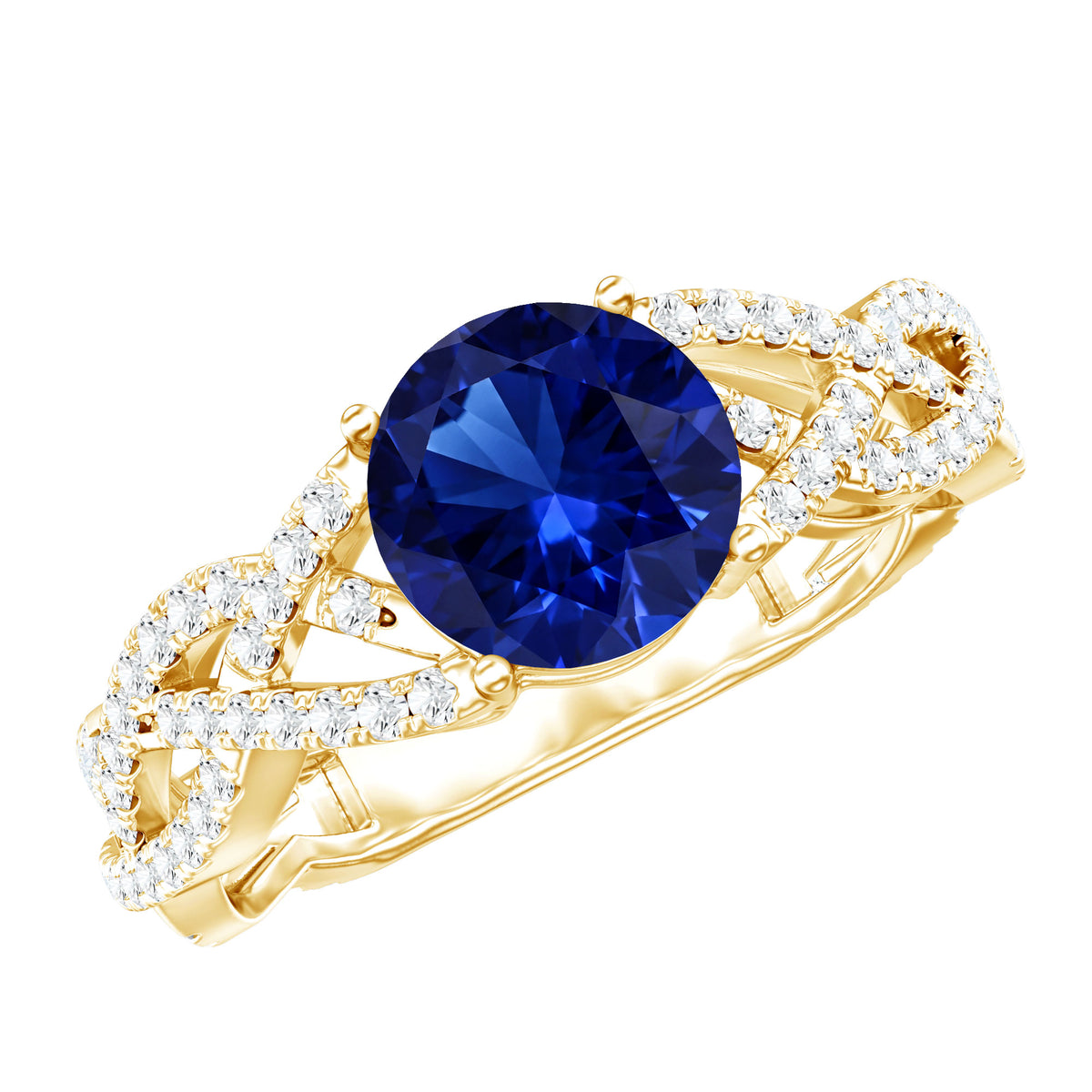 Designer 2.7 Carat Lab Grown Blue Sapphire Engagement Ring with Diamond Criss Cross Shank AAAA - Rosec Jewels