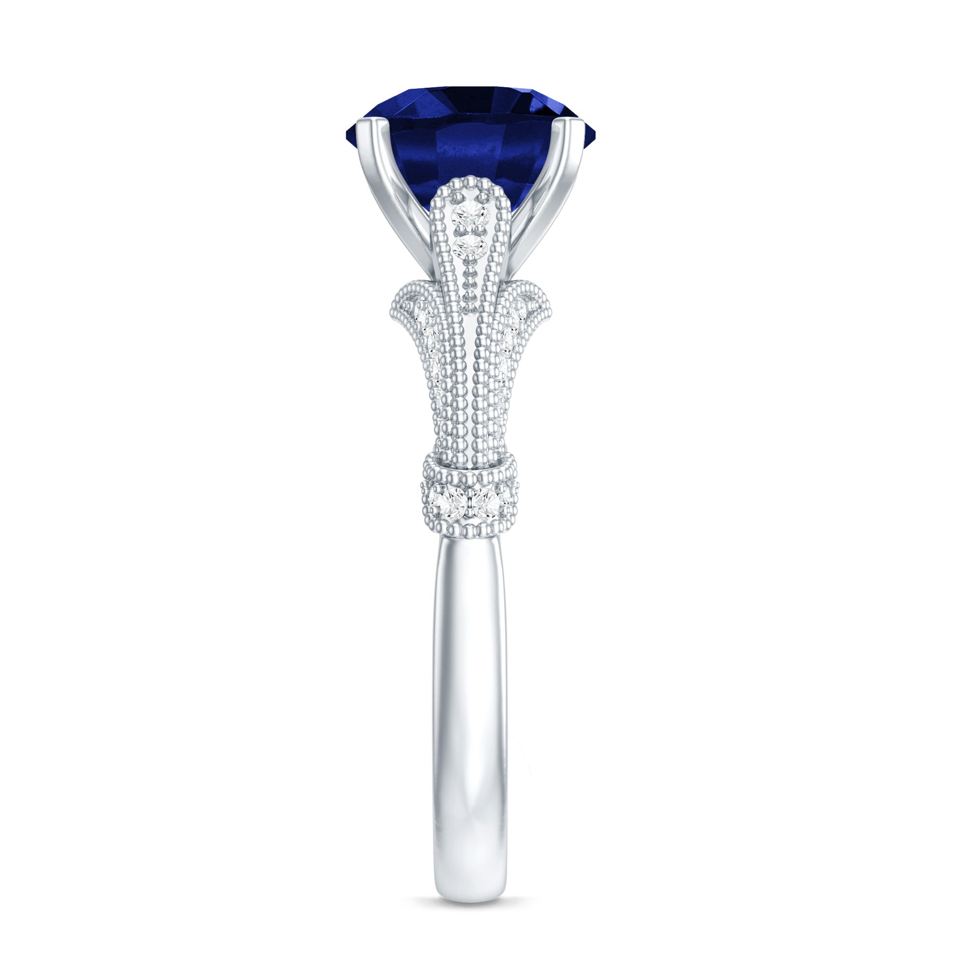 Vintage Style 2.7 Carat Lab Grown Blue Sapphire Engagement Ring with Diamond AAAA - Rosec Jewels