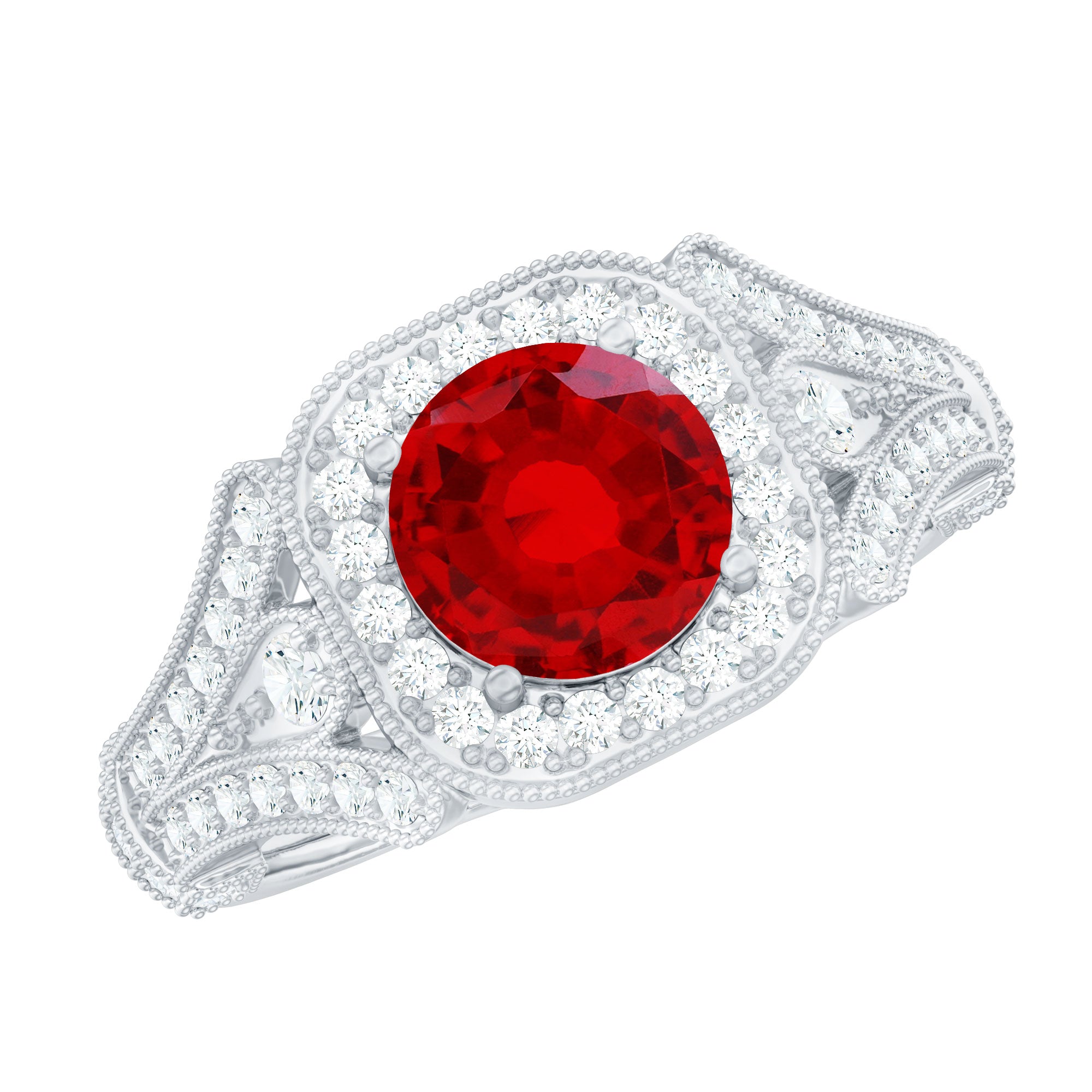 Antique Looking Lab Grown Ruby Engagement Ring with Diamond Halo AAAA - Rosec Jewels
