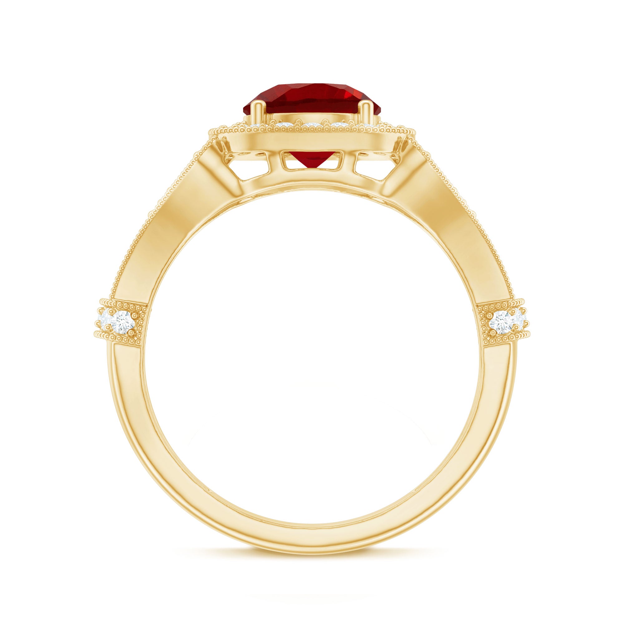 Antique Looking Lab Grown Ruby Engagement Ring with Diamond Halo AAAA - Rosec Jewels