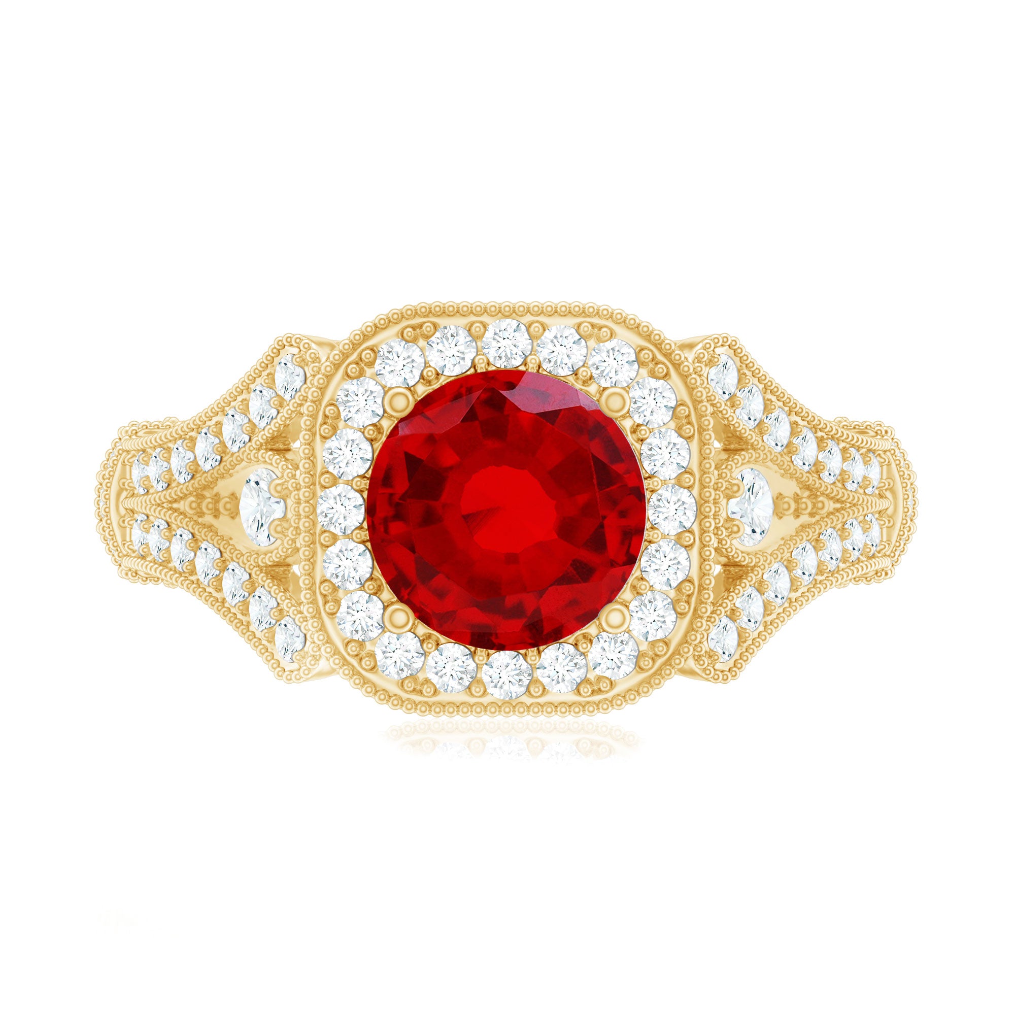 Antique Looking Lab Grown Ruby Engagement Ring with Diamond Halo AAAA - Rosec Jewels