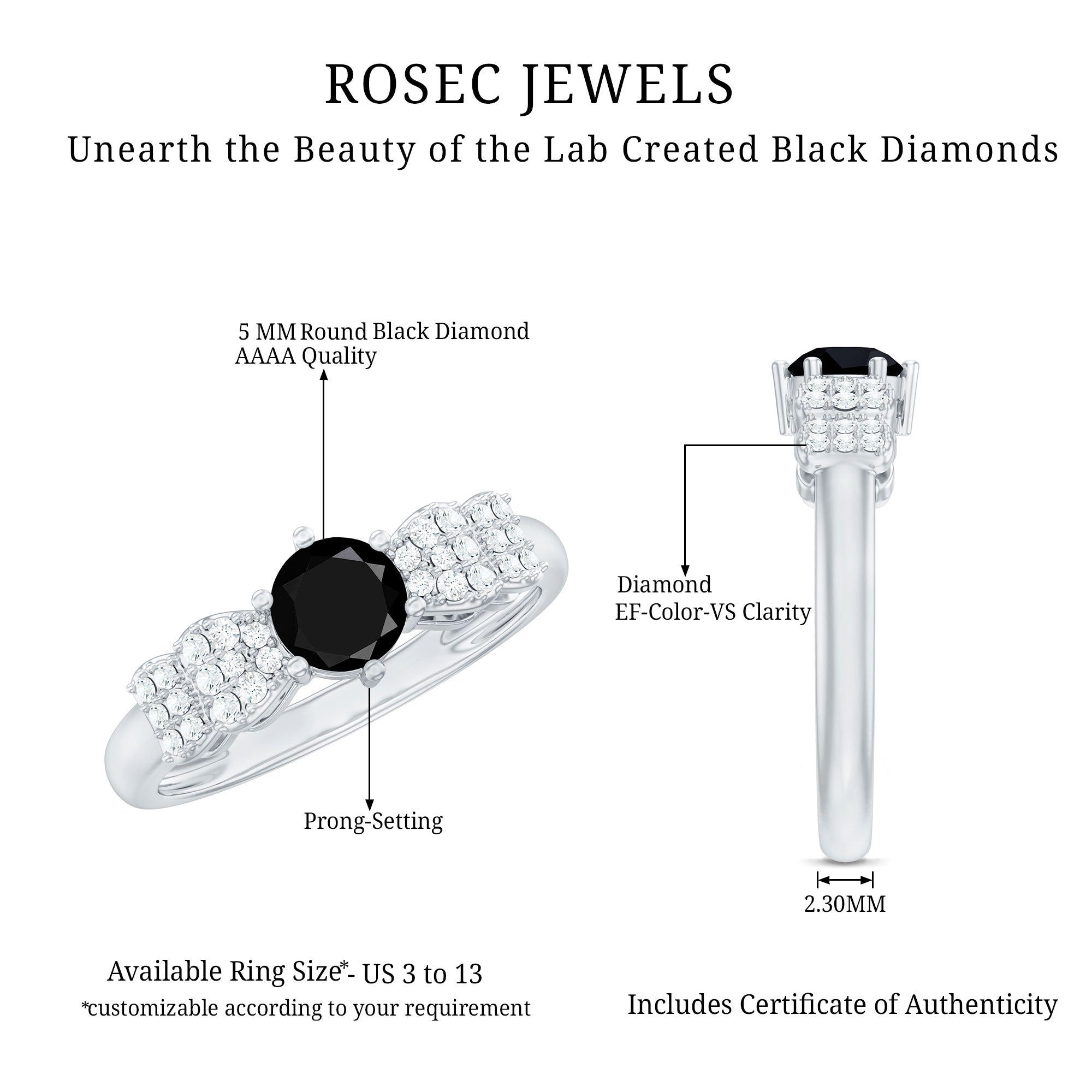 Certified 0.84 Carat Lab Grown Black Diamond Solitaire Engagement Ring with White Diamond AAAA ( Synthetic ) - Rosec Jewels