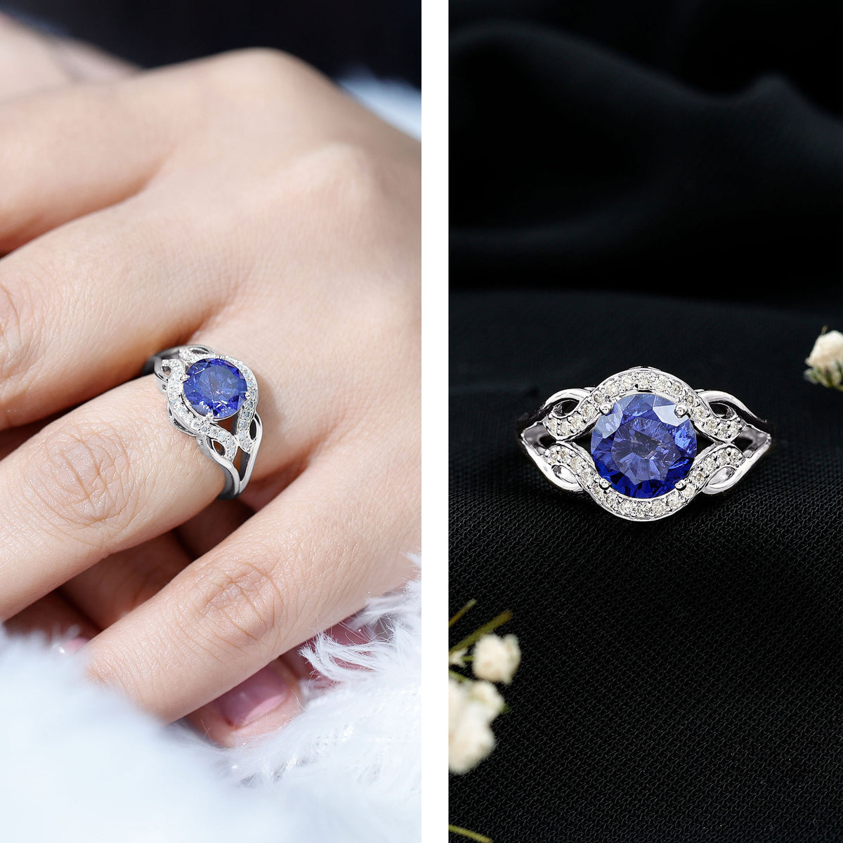 Certified Lab Grown Blue Sapphire Antique engagement ring with Diamond AAAA - Rosec Jewels