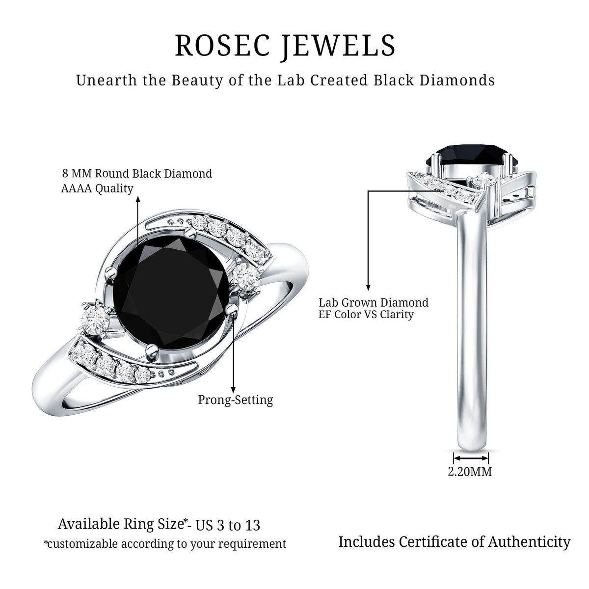 2 Carat Lab Grown Black and White Diamond Engagement Ring for Women AAAA ( Synthetic ) - Rosec Jewels