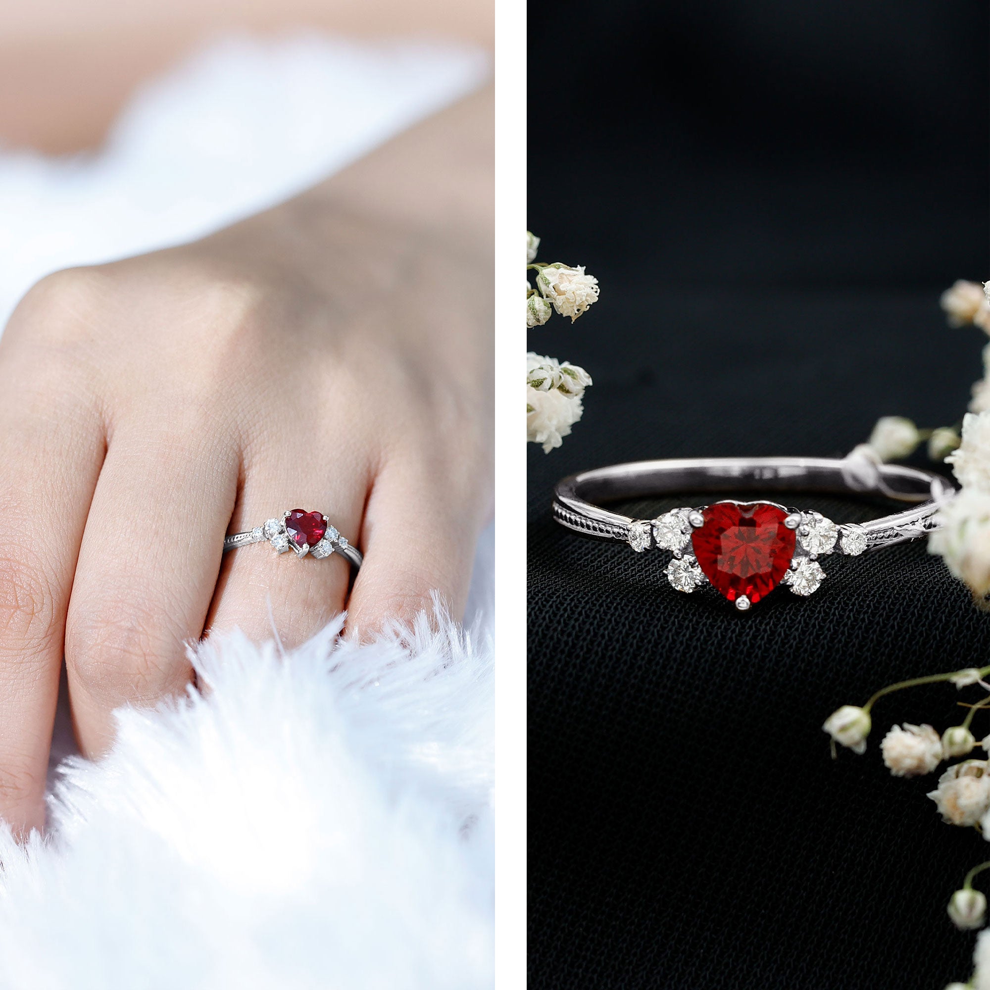 Lab Grown Ruby Heart Promise Ring with Diamond Accent AAAA - Rosec Jewels