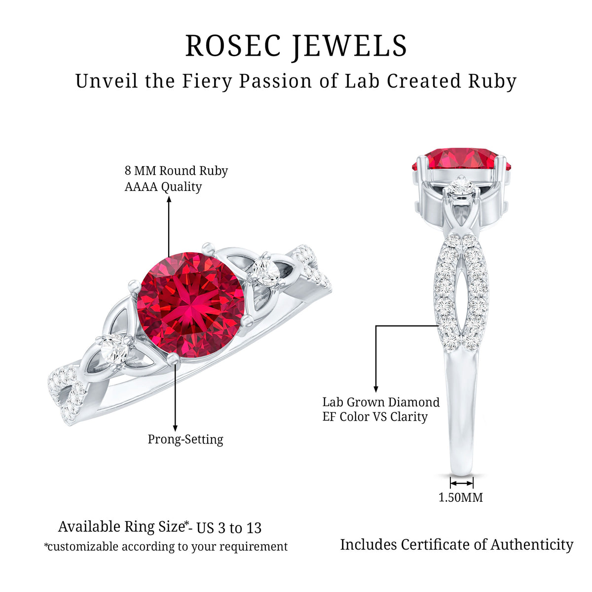Certified Lab Created Ruby Solitaire Engagement Ring with Diamonds AAAA - Rosec Jewels