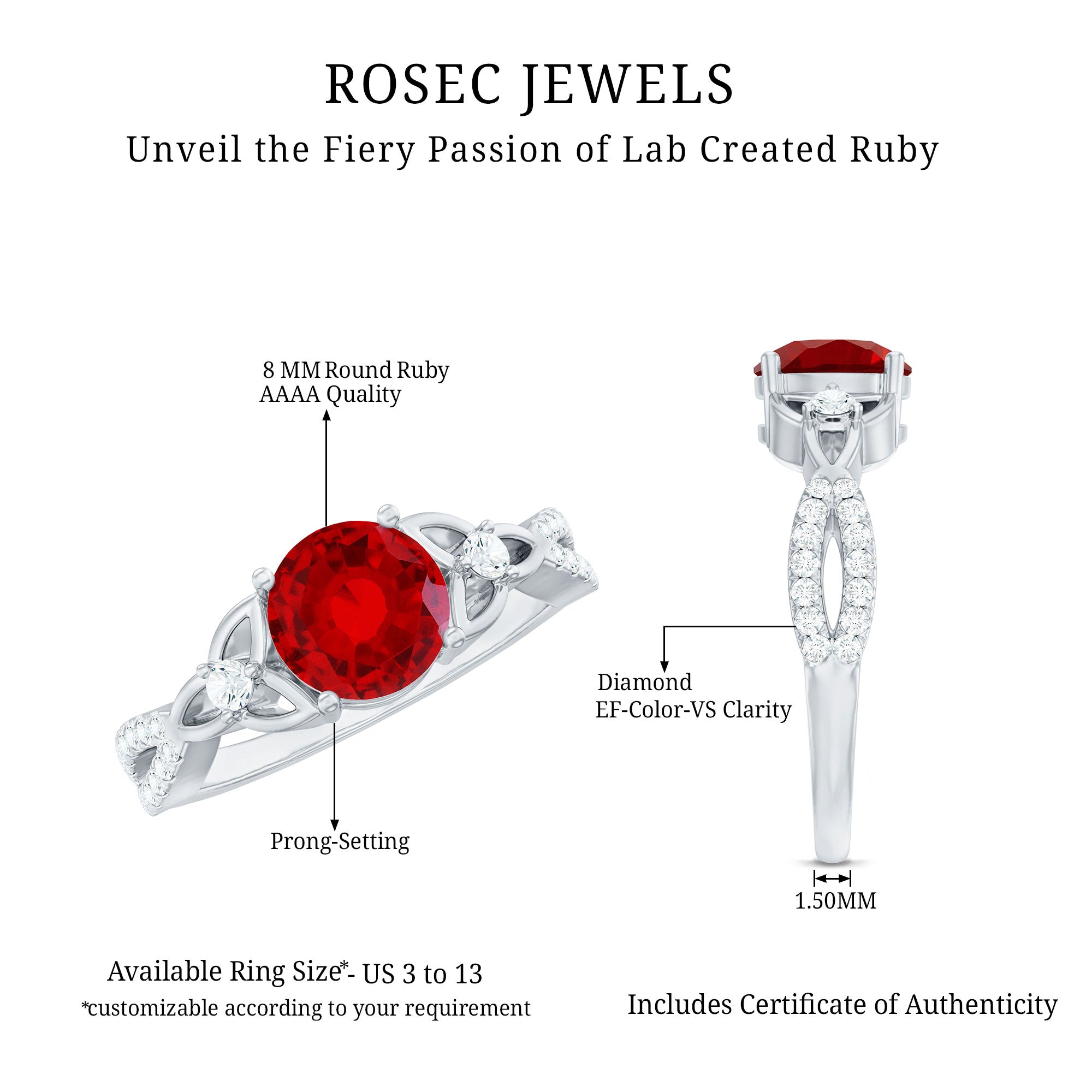 Certified Lab Created Ruby Solitaire Engagement Ring with Diamonds AAAA - Rosec Jewels