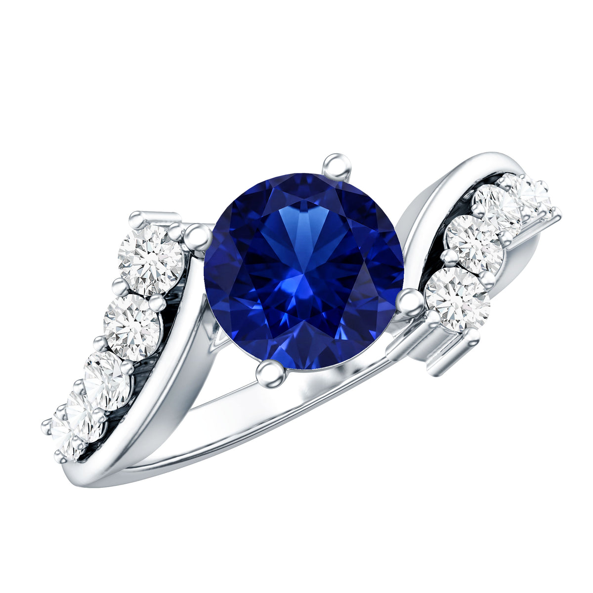 Certified 2.7 Carat Lab Grown Blue Sapphire Engagement Ring with Diamond Bypass Shank AAAA - Rosec Jewels