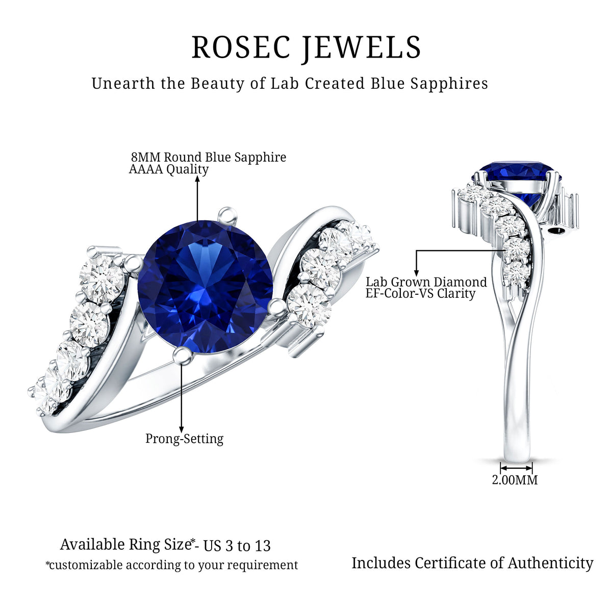Certified 2.7 Carat Lab Grown Blue Sapphire Engagement Ring with Diamond Bypass Shank AAAA - Rosec Jewels