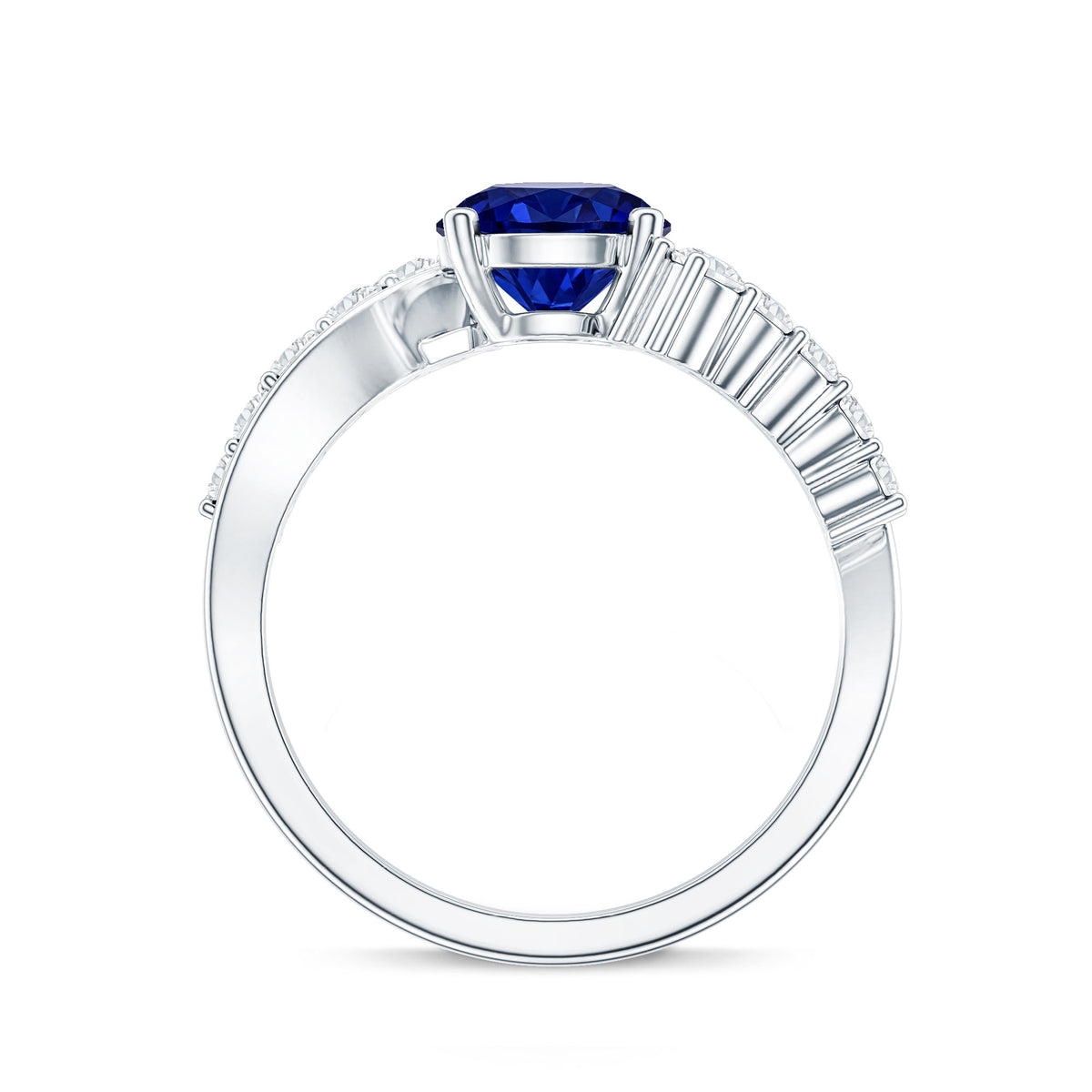 Certified 2.7 Carat Lab Grown Blue Sapphire Engagement Ring with Diamond Bypass Shank AAAA - Rosec Jewels