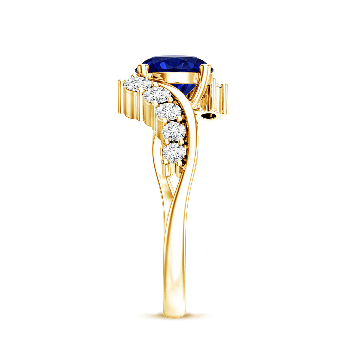 Certified 2.7 Carat Lab Grown Blue Sapphire Engagement Ring with Diamond Bypass Shank AAAA - Rosec Jewels