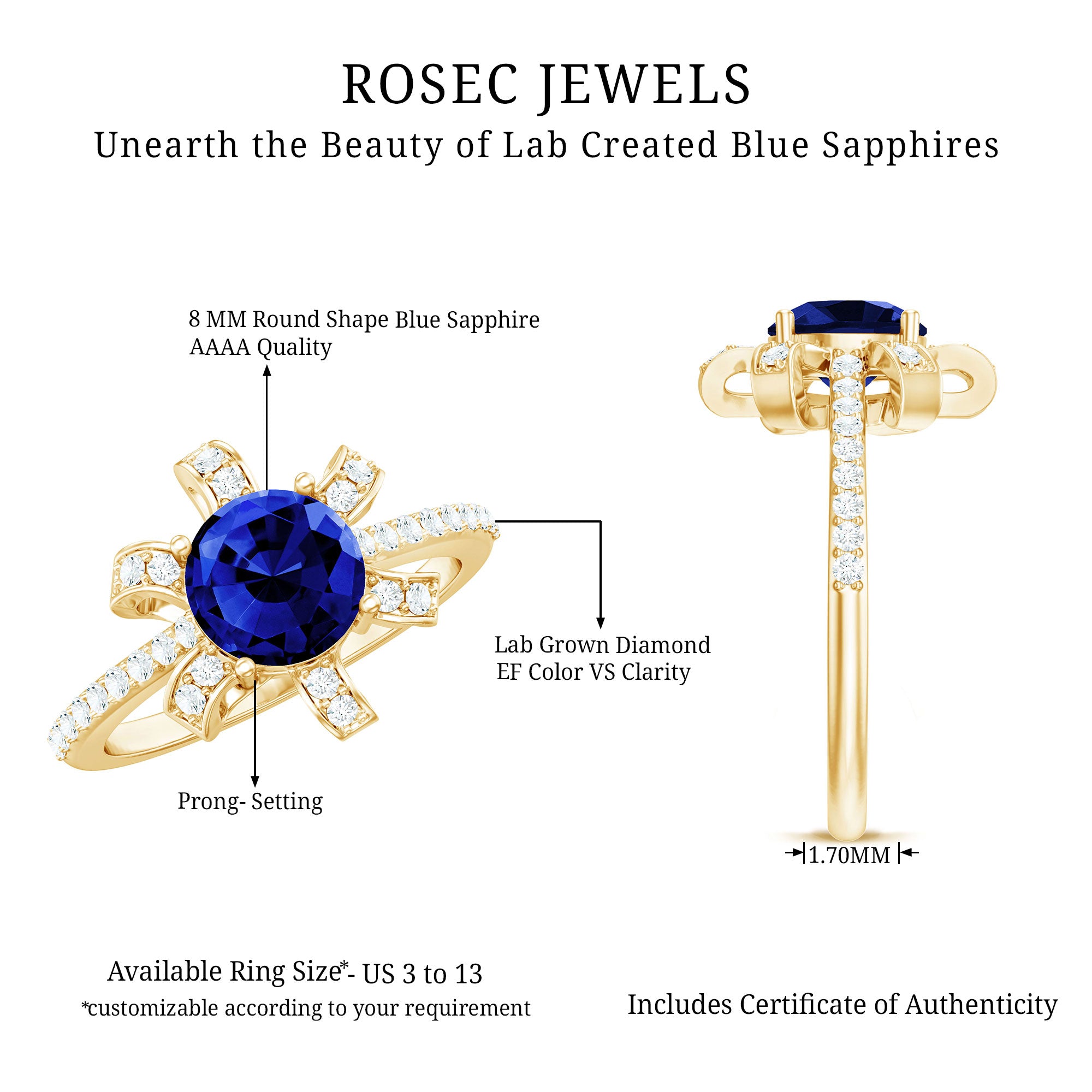 Nature Inspired 2.7 Carat Lab Grown Blue Sapphire Diamond Engagement Ring AAAA - Rosec Jewels