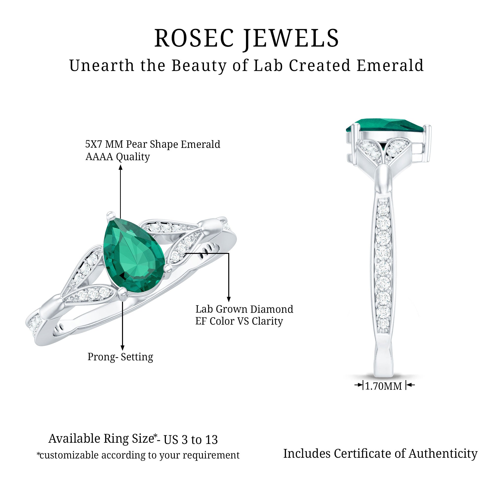 Pear Shape Lab Grown Emerald Teardrop Engagement Ring With Diamond AAAA - Rosec Jewels