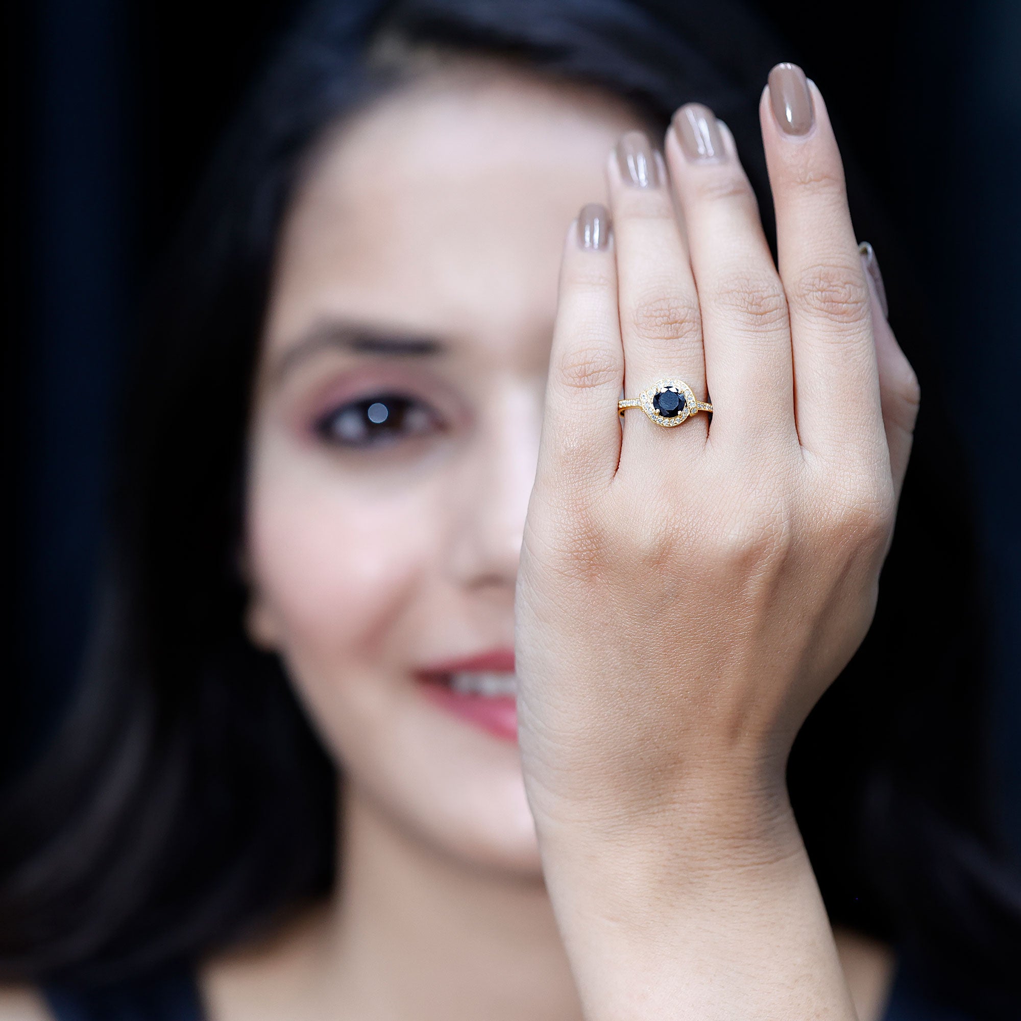 1.6 Carat Lab Grown Black Diamond Engagement Ring with White Diamond Halo AAAA ( Synthetic ) - Rosec Jewels