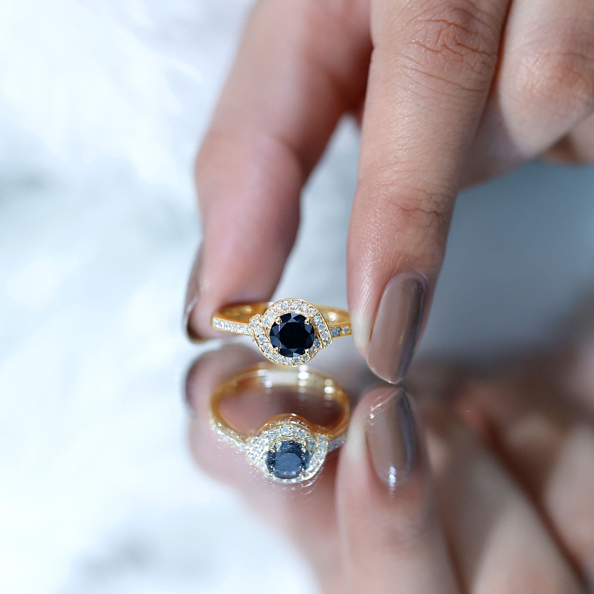 1.6 Carat Lab Grown Black Diamond Engagement Ring with White Diamond Halo AAAA ( Synthetic ) - Rosec Jewels