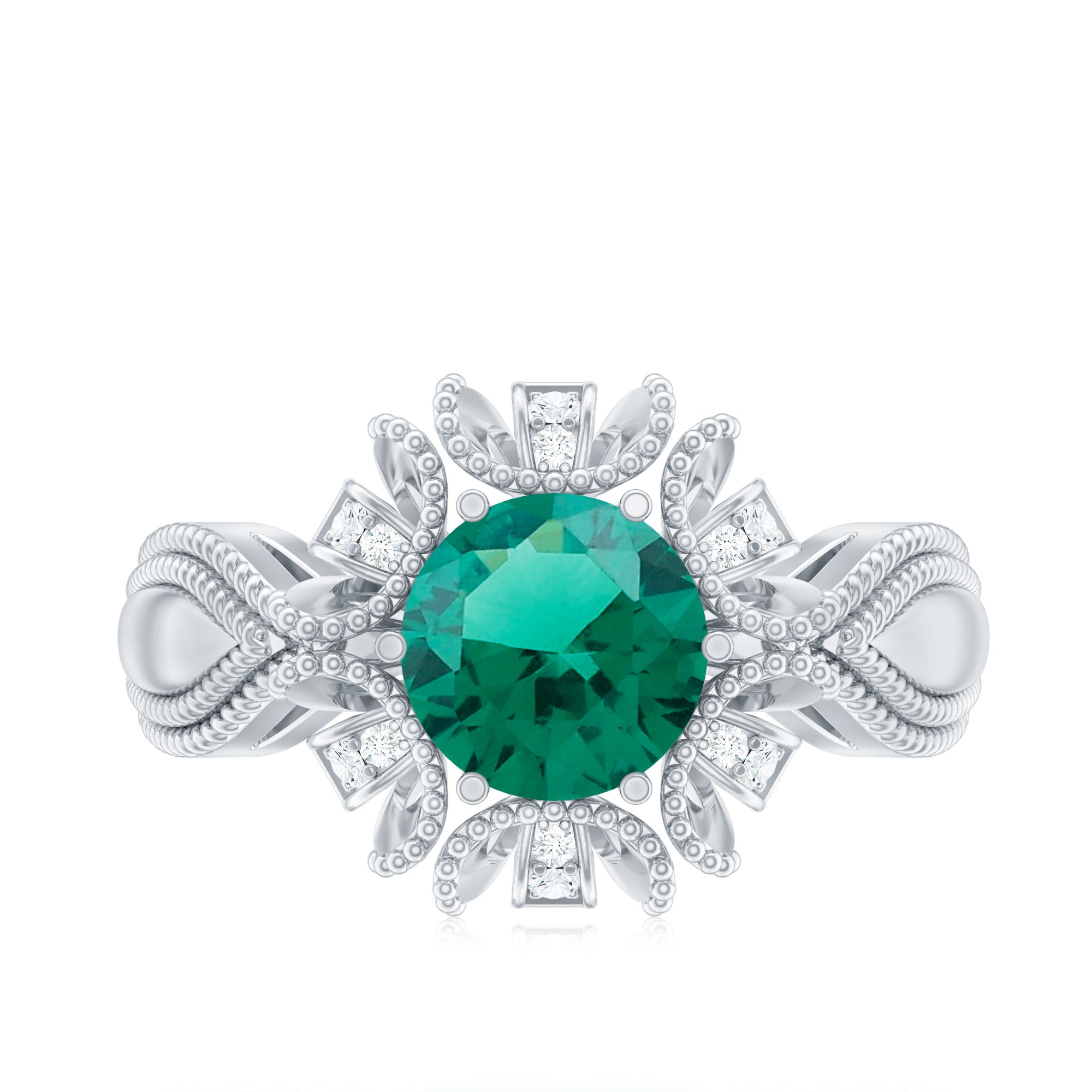Lab Grown Emerald Vintage Style Flower Engagement Ring With Diamond AAAA - Rosec Jewels