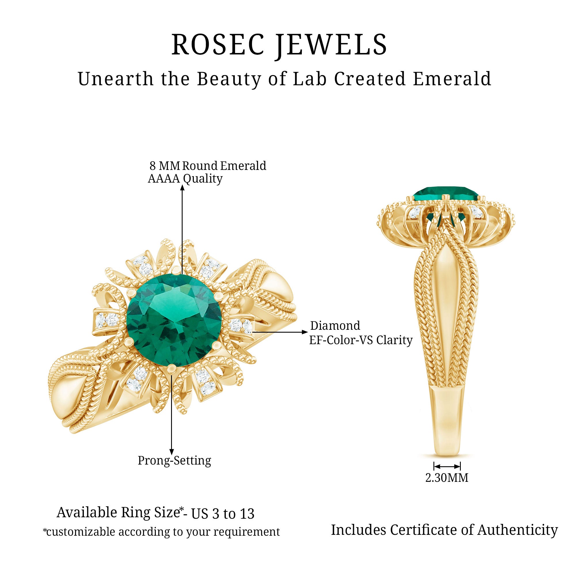 Lab Grown Emerald Vintage Style Flower Engagement Ring With Diamond AAAA - Rosec Jewels