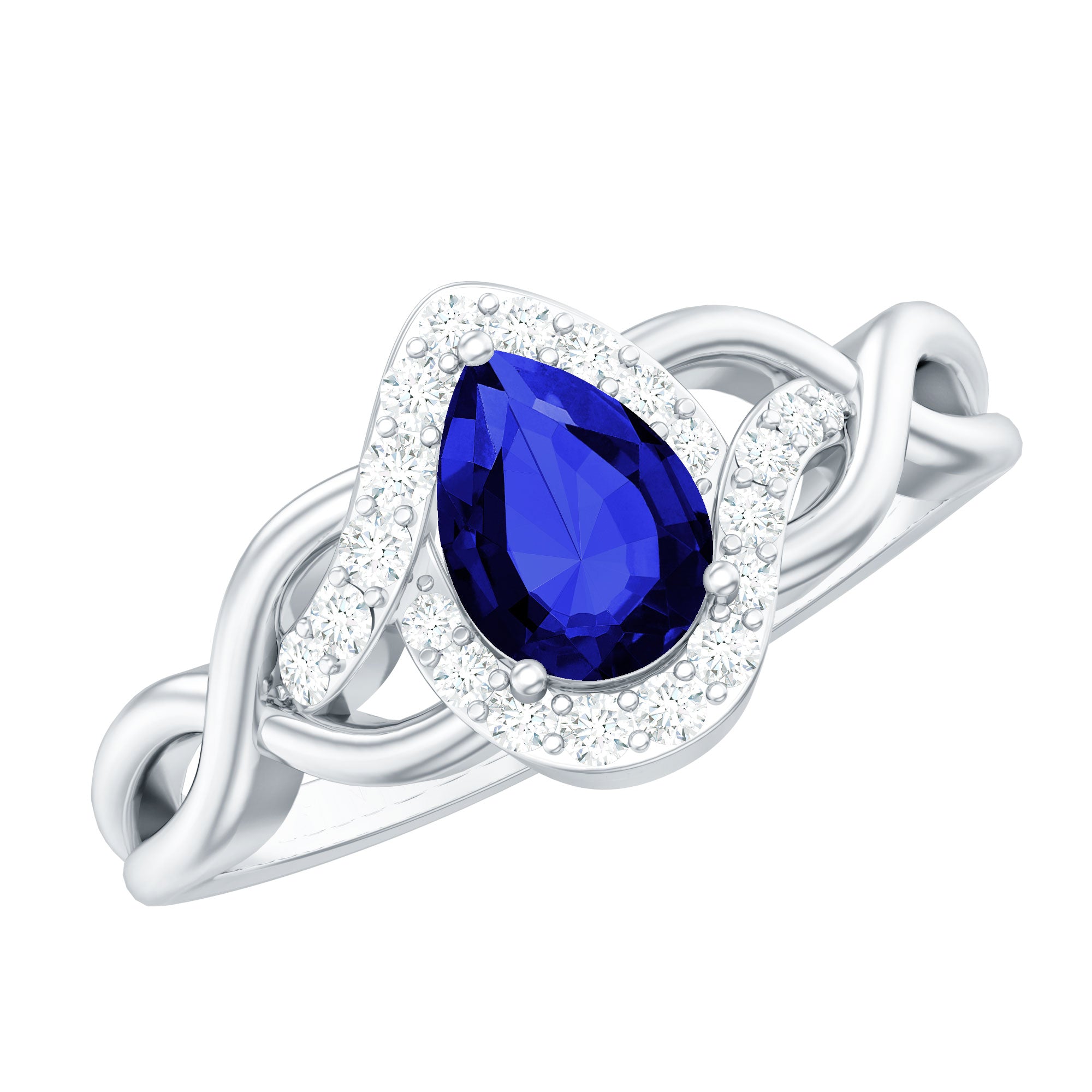 Lab Grown Blue Sapphire Pear Shape Engagement Ring with Diamond Halo