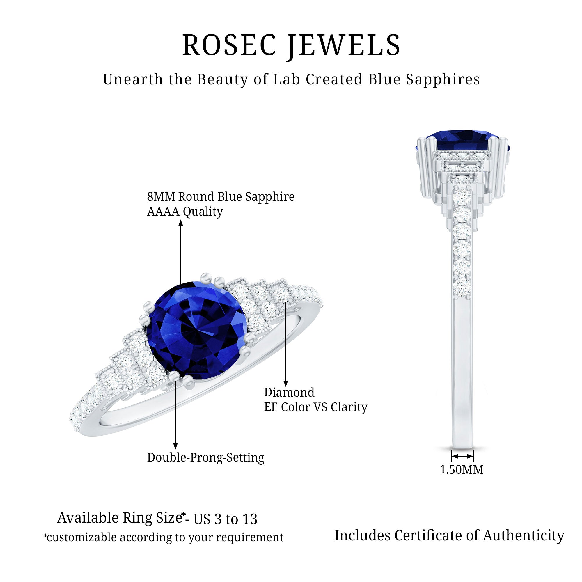 Vintage Style 2.7 Carat Lab Grown Blue Sapphire Engagement Ring with Diamond Side Stone AAAA - Rosec Jewels