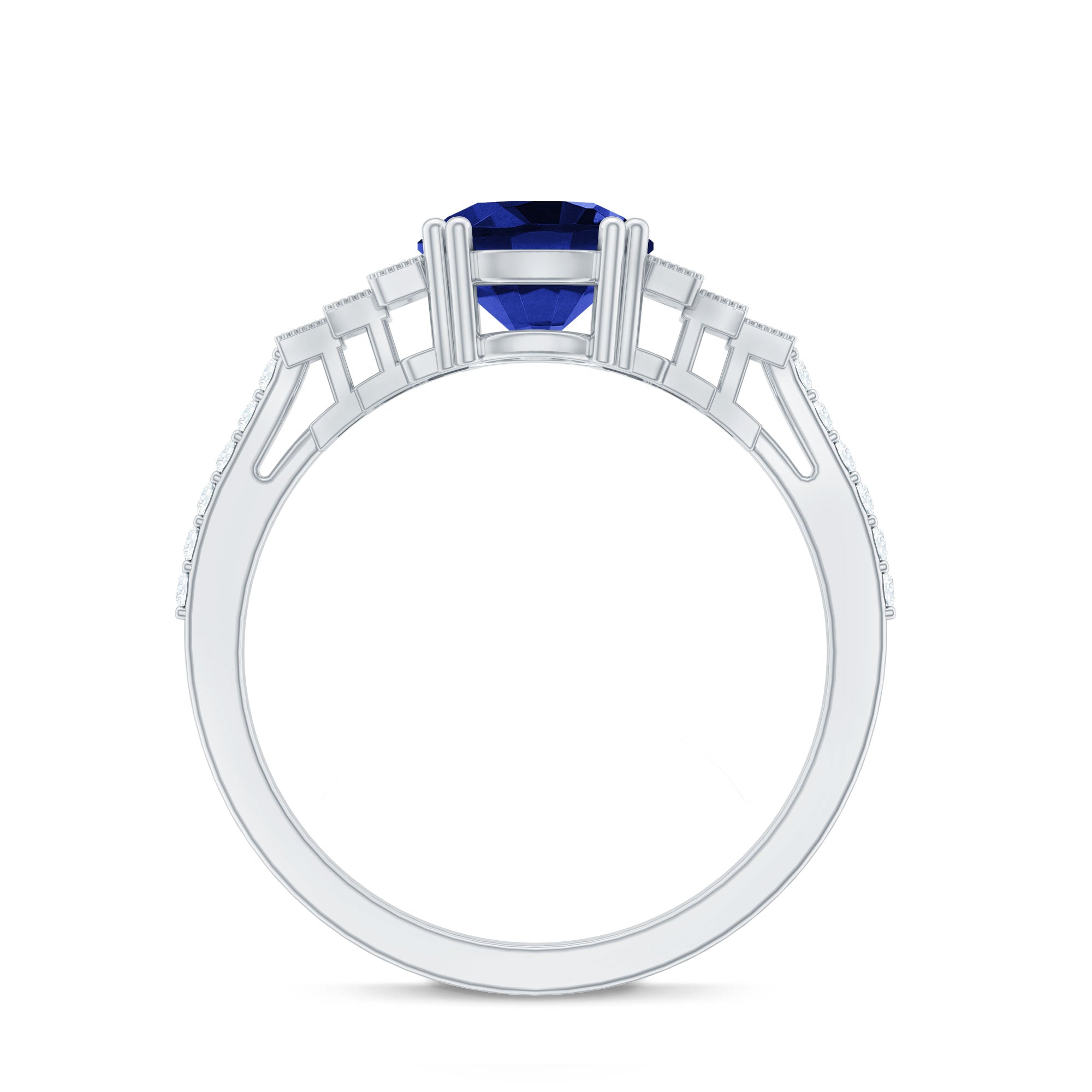 Vintage Style 2.7 Carat Lab Grown Blue Sapphire Engagement Ring with Diamond Side Stone AAAA - Rosec Jewels