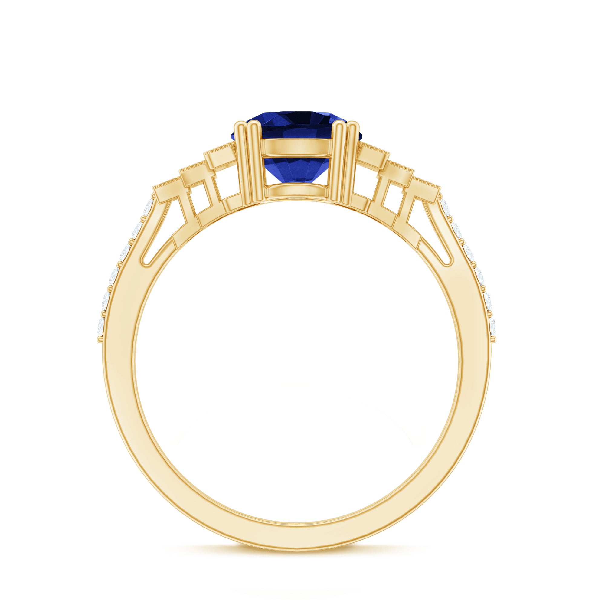 Vintage Style 2.7 Carat Lab Grown Blue Sapphire Engagement Ring with Diamond Side Stone AAAA - Rosec Jewels