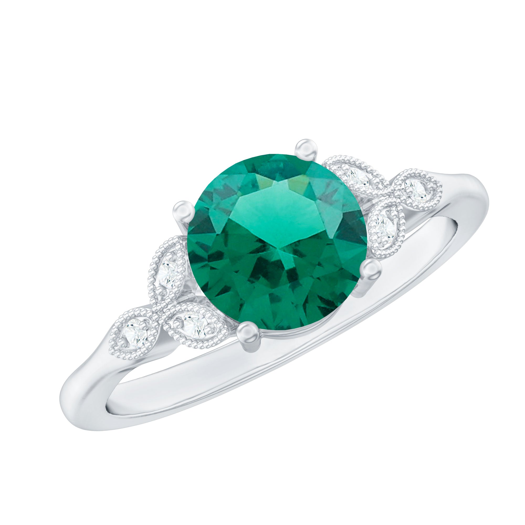 Lab Created Emerald Solitaire Engagement Ring With Diamond AAAA - Rosec Jewels