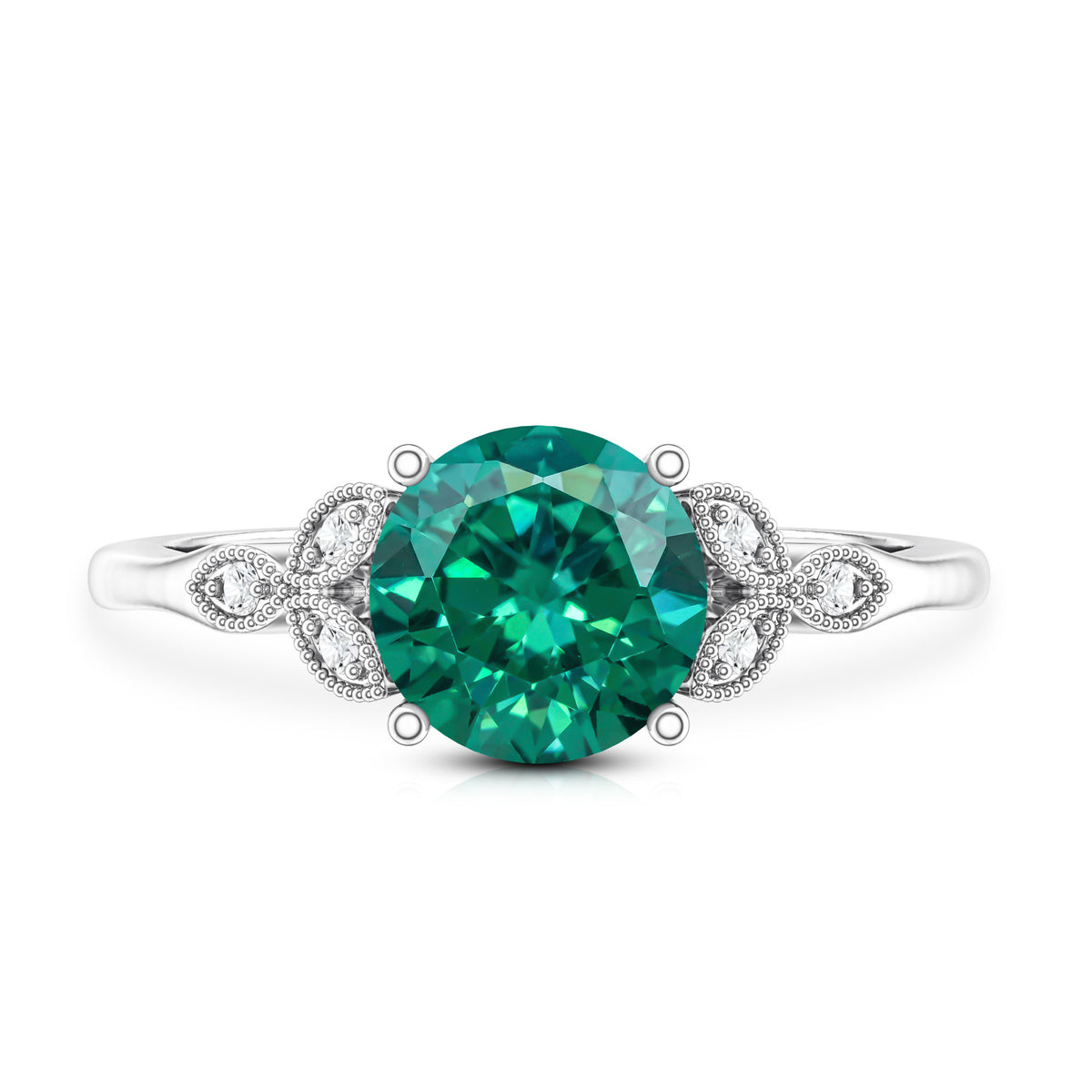 Lab Created Emerald Solitaire Engagement Ring With Diamond AAAA - Rosec Jewels