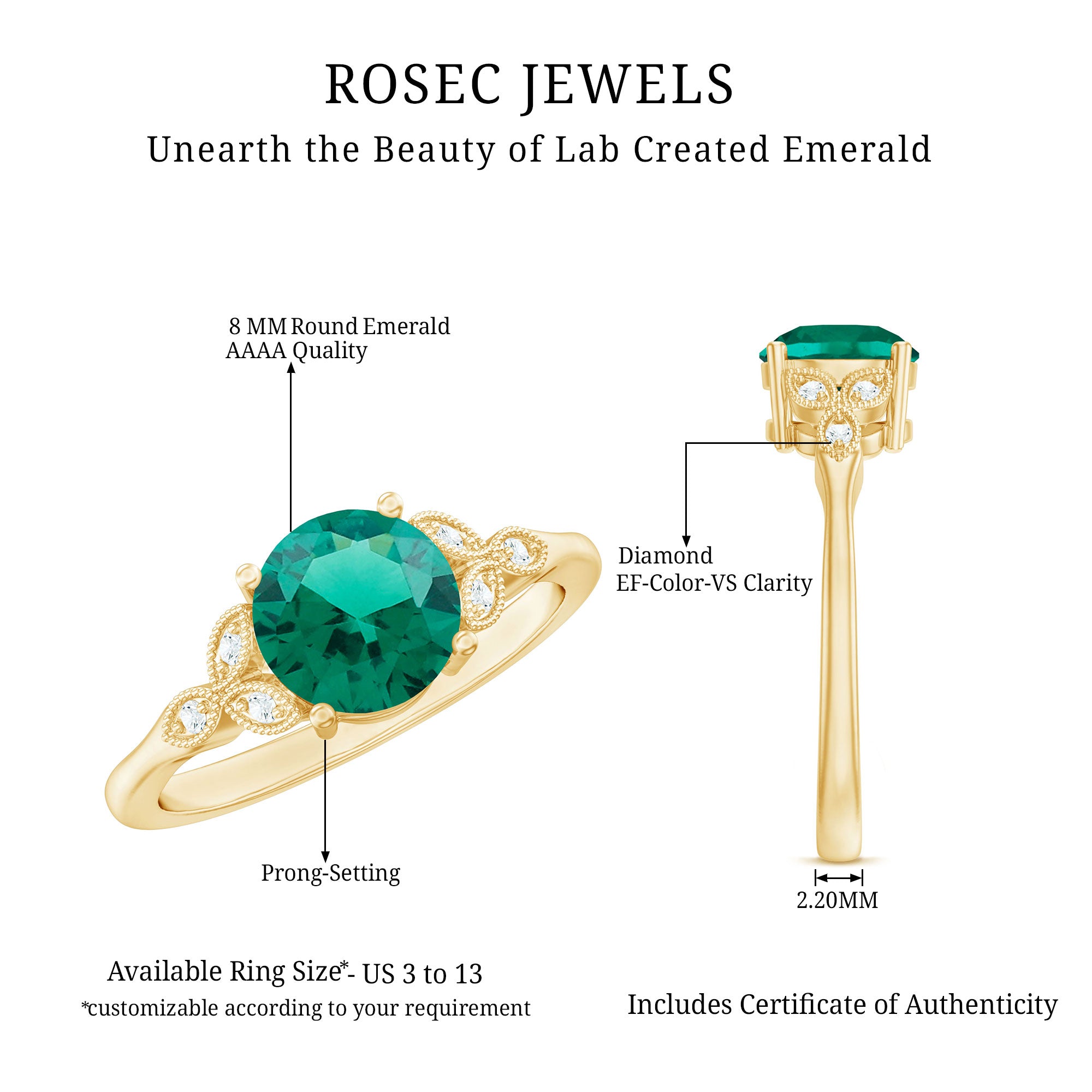 Lab Created Emerald Solitaire Engagement Ring With Diamond AAAA - Rosec Jewels