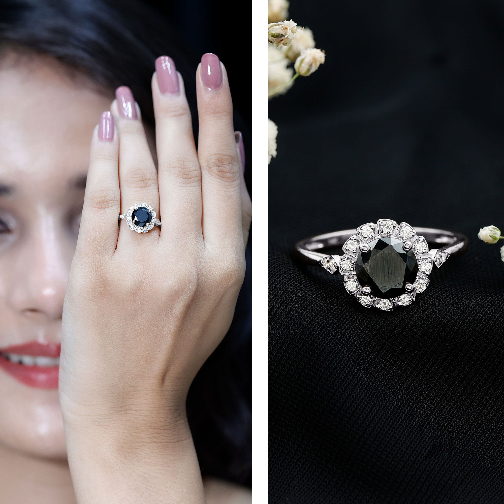 Certified Lab Grown Black Diamond Engagement Ring with Diamond Accent AAAA ( Synthetic ) - Rosec Jewels