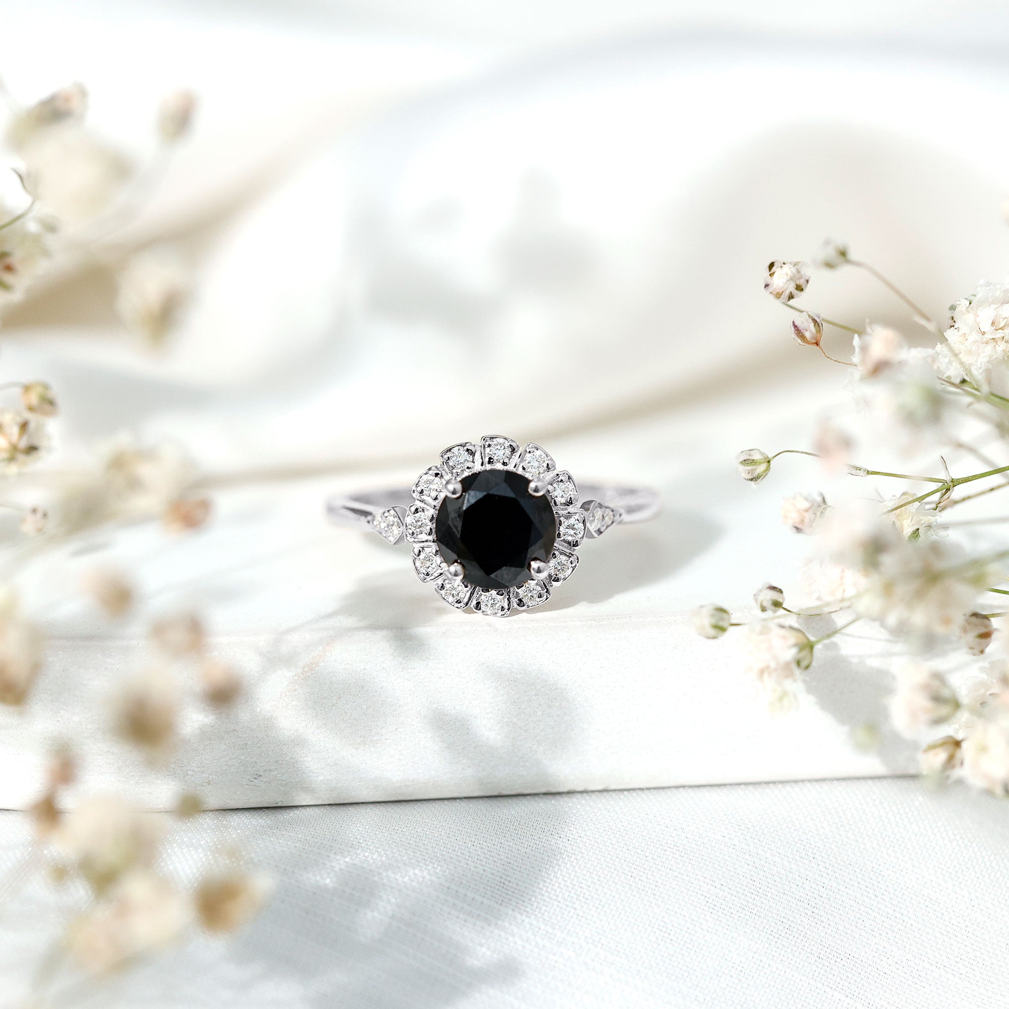 Certified Lab Grown Black Diamond Engagement Ring with Diamond Accent AAAA ( Synthetic ) - Rosec Jewels
