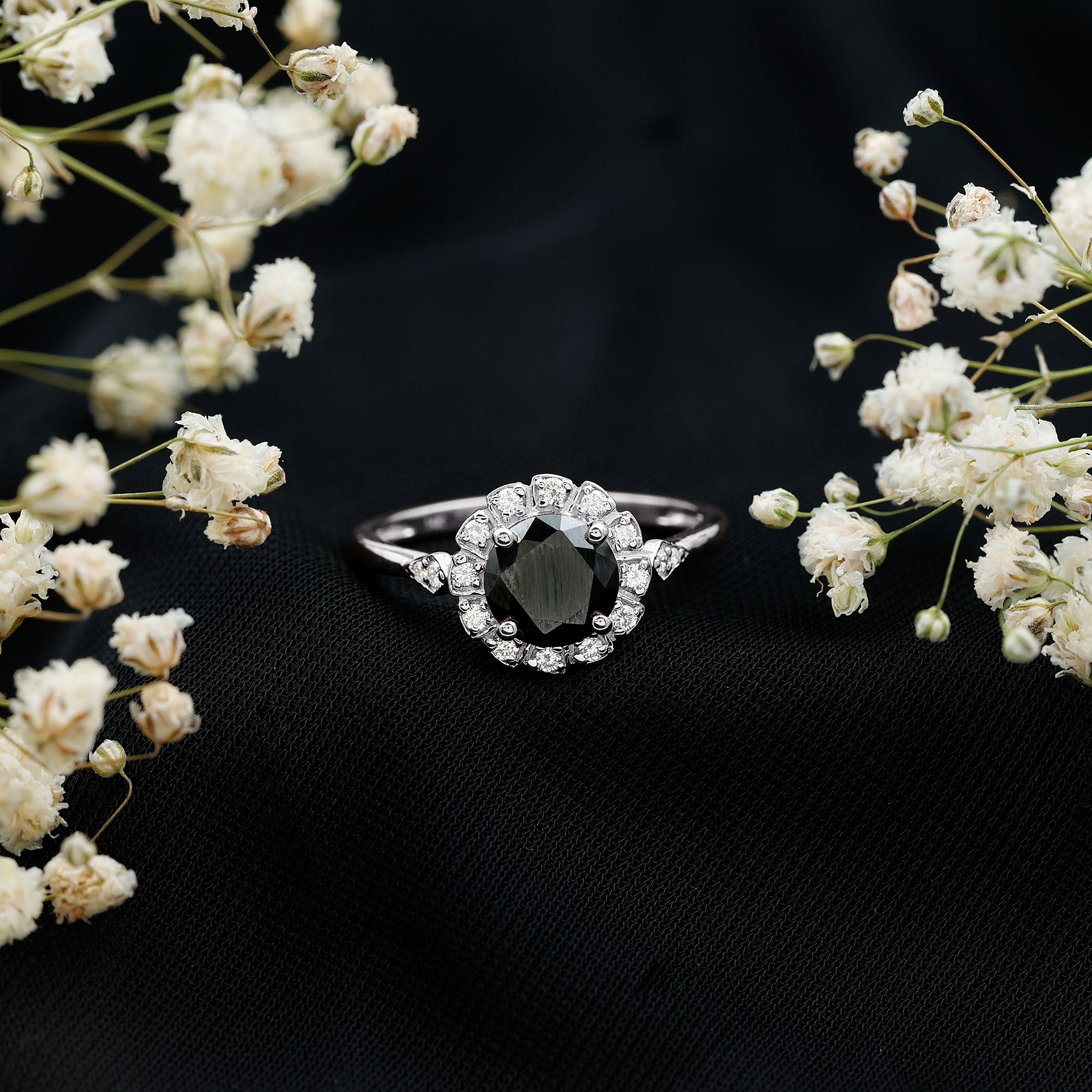Certified Lab Grown Black Diamond Engagement Ring with Diamond Accent AAAA ( Synthetic ) - Rosec Jewels