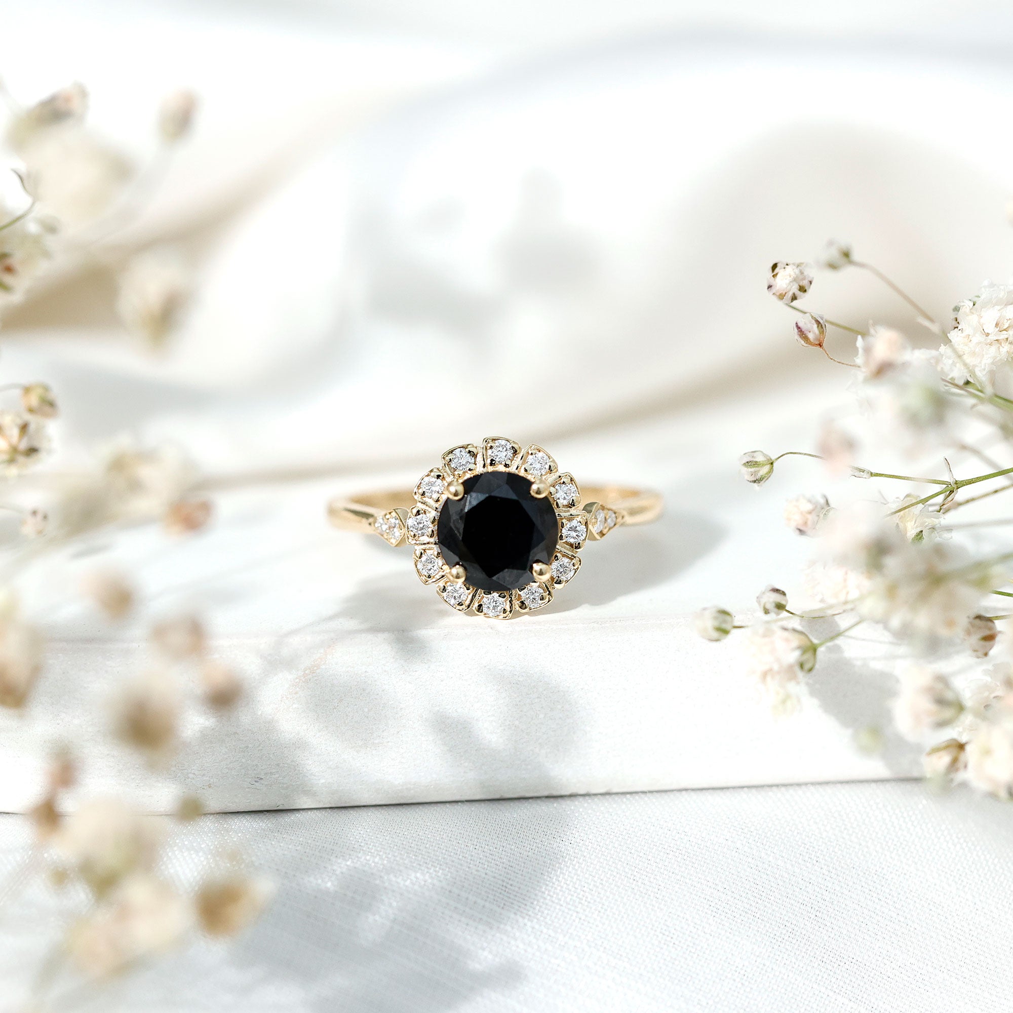 Certified Lab Grown Black Diamond Engagement Ring with Diamond Accent AAAA ( Synthetic ) - Rosec Jewels
