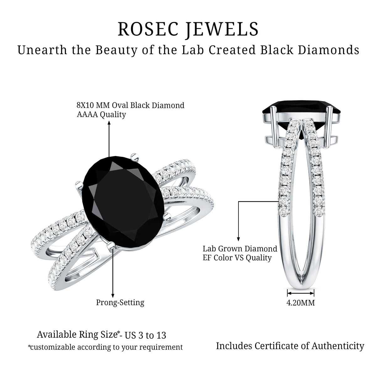4.2 Carat Lab Grown Black Diamond Split Shank Engagement Ring with White Diamond AAAA ( Synthetic ) - Rosec Jewels