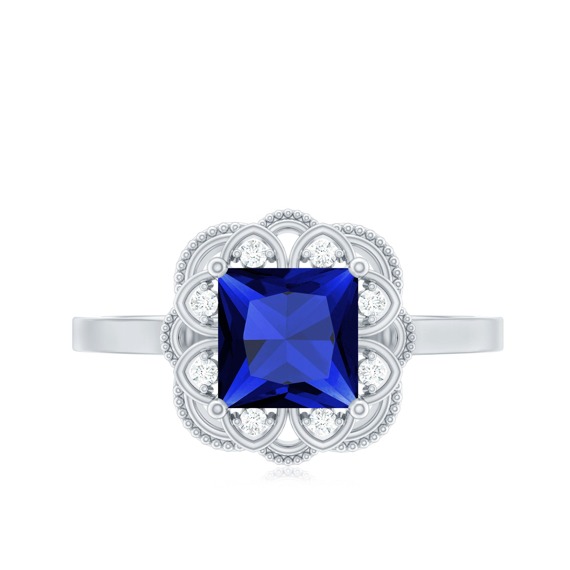 Art Deco 1.5 Carat Lab Grown Blue Sapphire Princess Cut Engagement Ring with Diamond AAAA - Rosec Jewels