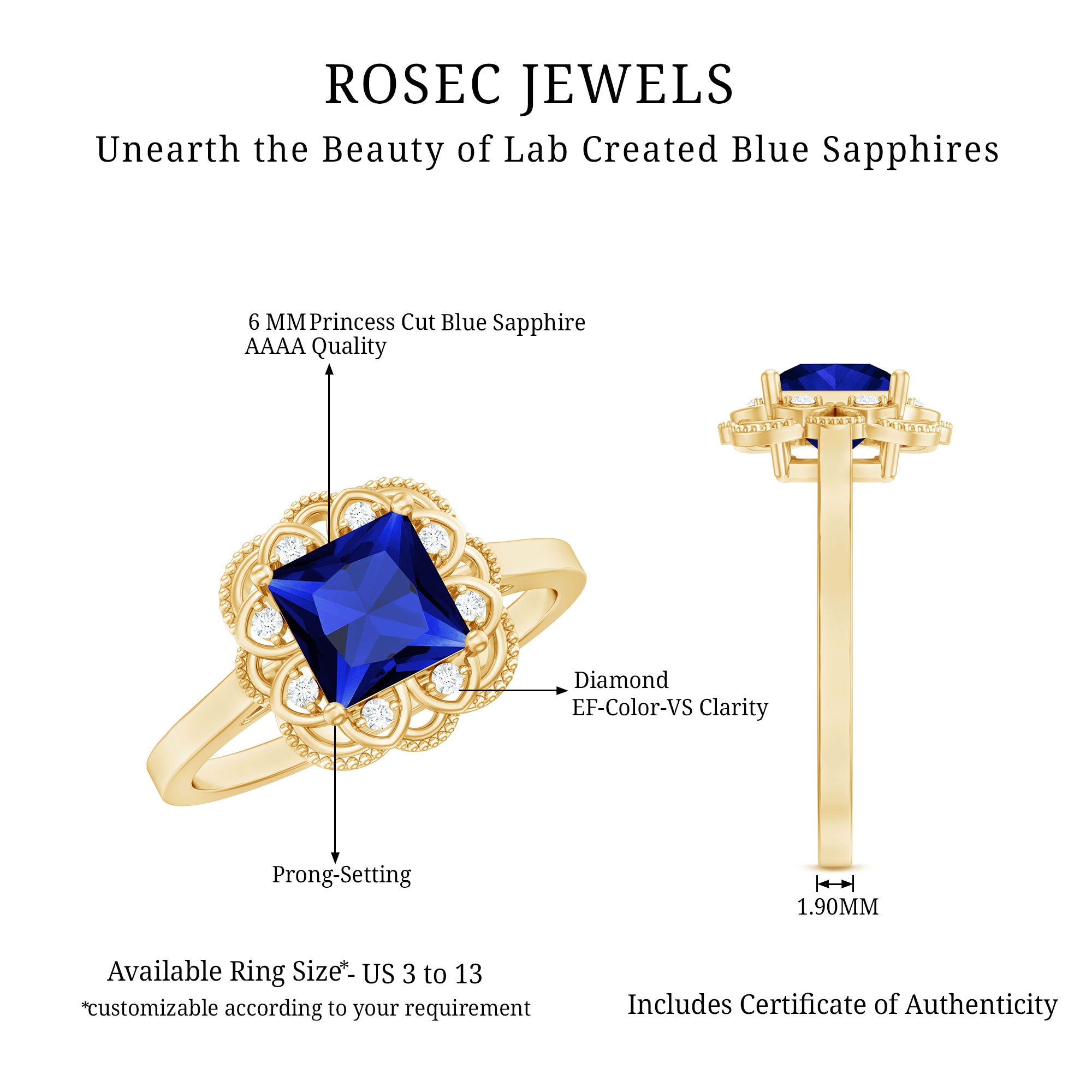 Art Deco 1.5 Carat Lab Grown Blue Sapphire Princess Cut Engagement Ring with Diamond AAAA - Rosec Jewels