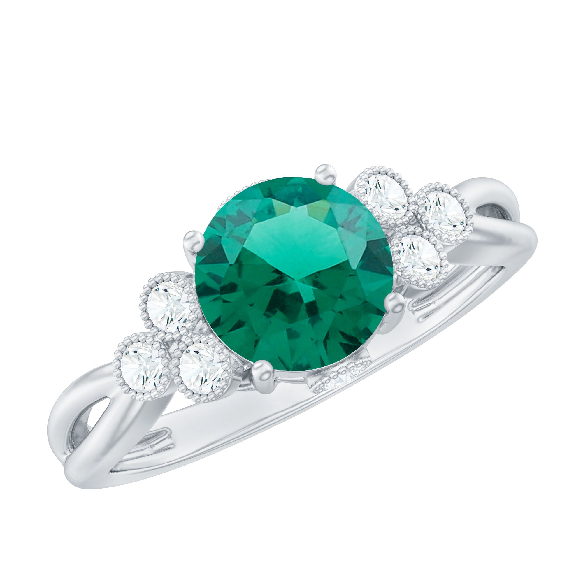 Certified Lab Grown Emerald Trio Engagement Ring with Diamond AAAA - Rosec Jewels