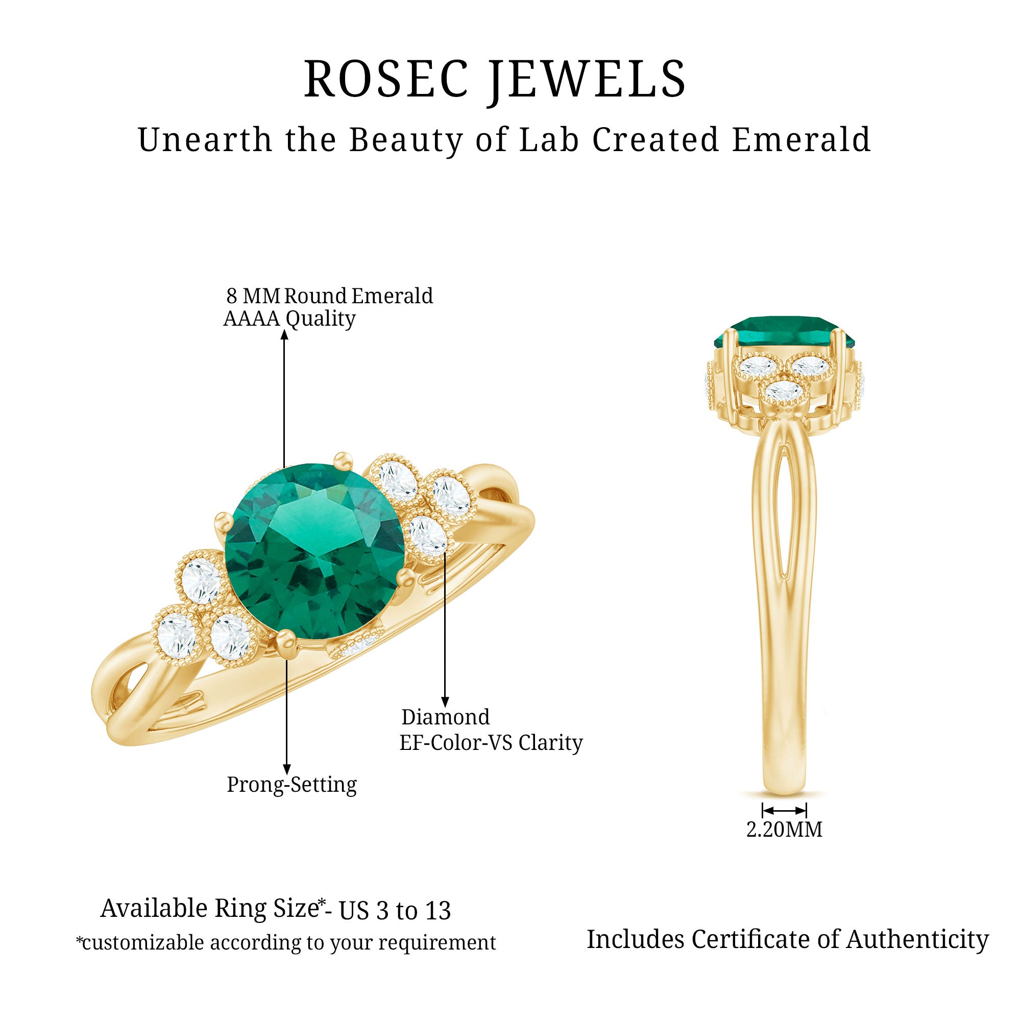 Certified Lab Grown Emerald Trio Engagement Ring with Diamond AAAA - Rosec Jewels