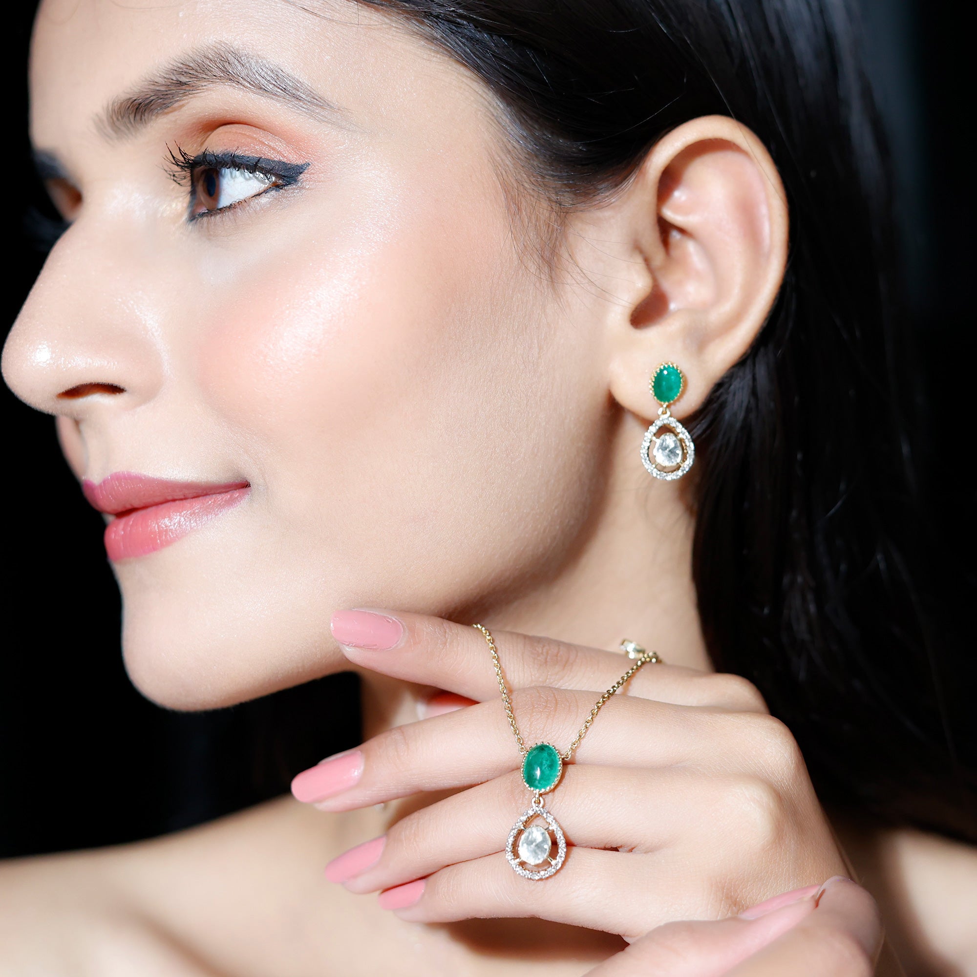Oval Emerald and Polki Diamond Teardrop Necklace and Earrings - Rosec Jewels