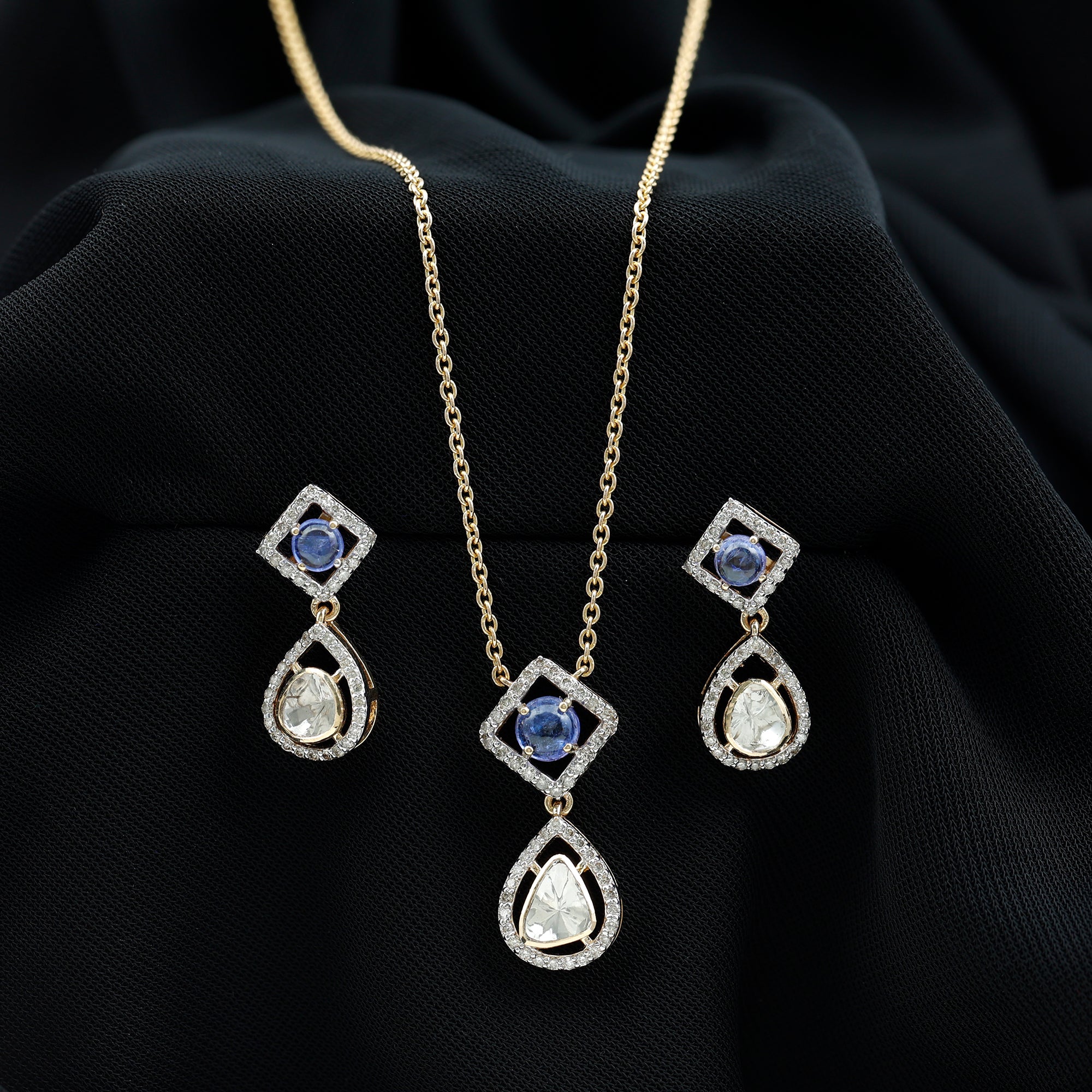 Polki Diamond and Tanzanite Drop Necklace and Earrings Set - Rosec Jewels