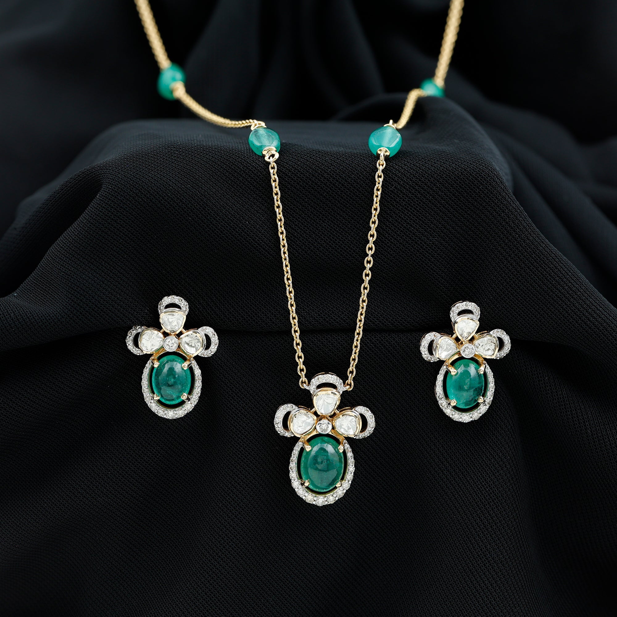Oval Emerald Cabs and Polki Diamond Floral Jewelry Set in 18k Gold - Rosec Jewels
