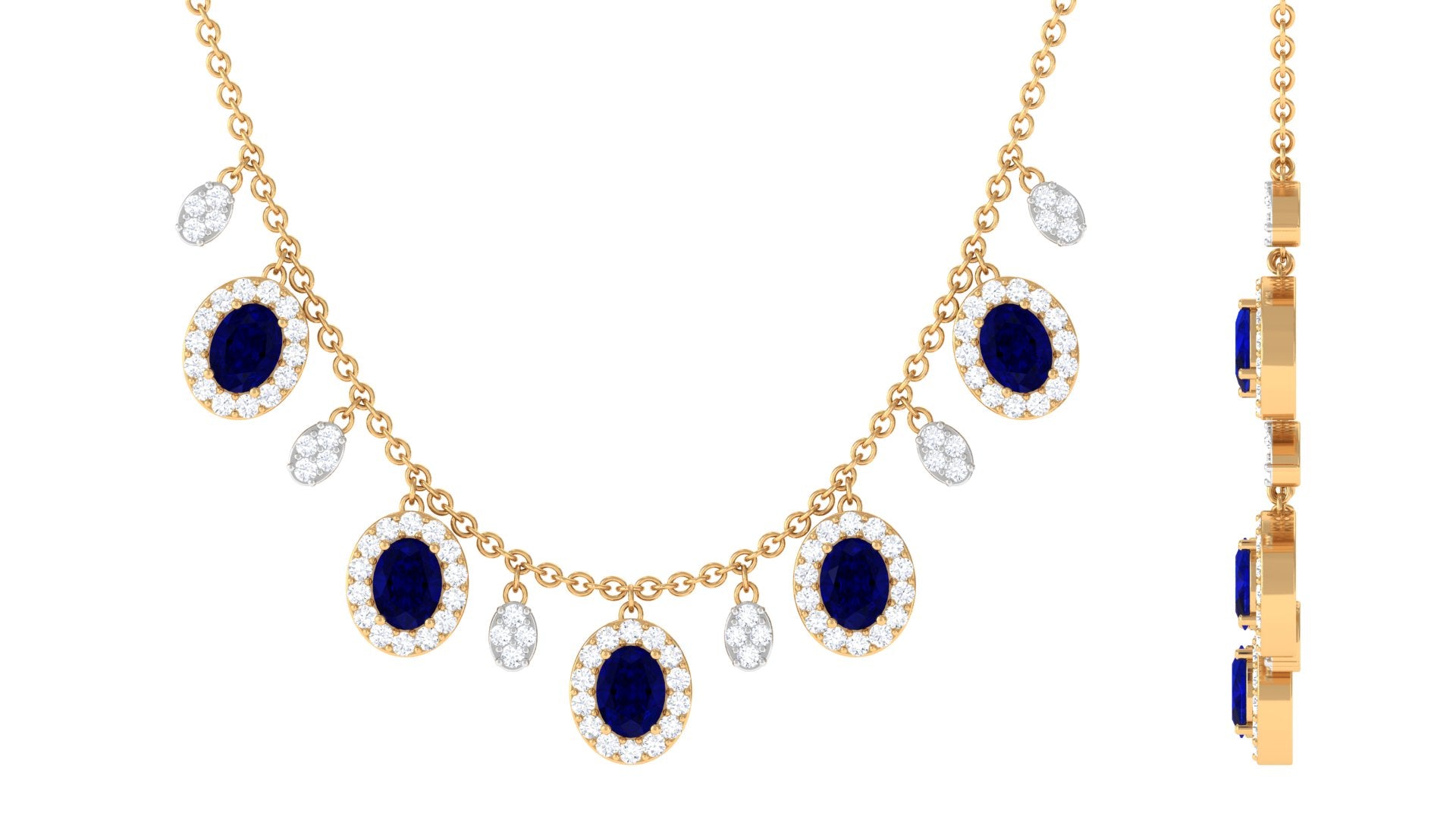 Rosec Jewels-Oval Cut Blue Sapphire and Diamond Bridal Station Chain Necklace