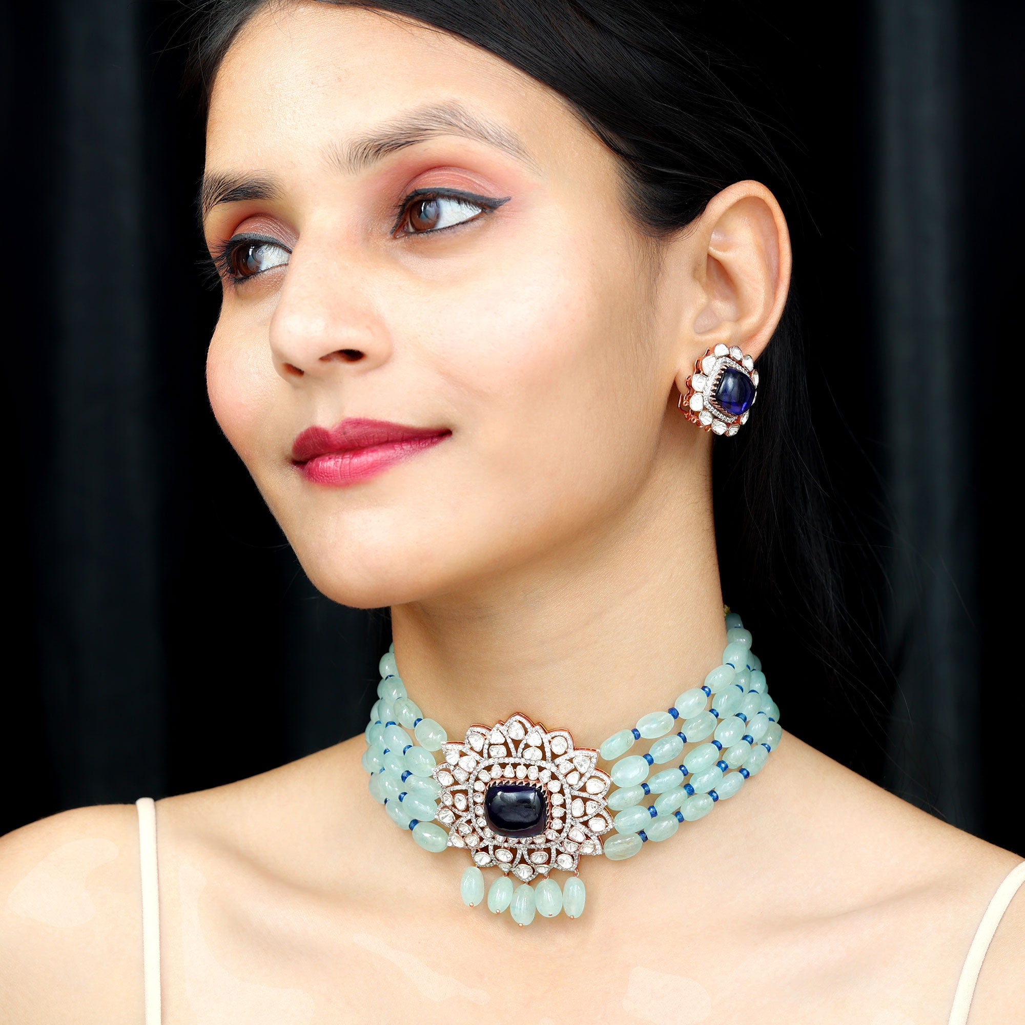 Created Tanzanite Polki Diamond Necklace Earrings Set with Created Blue Sapphire and Beryl - Rosec Jewels