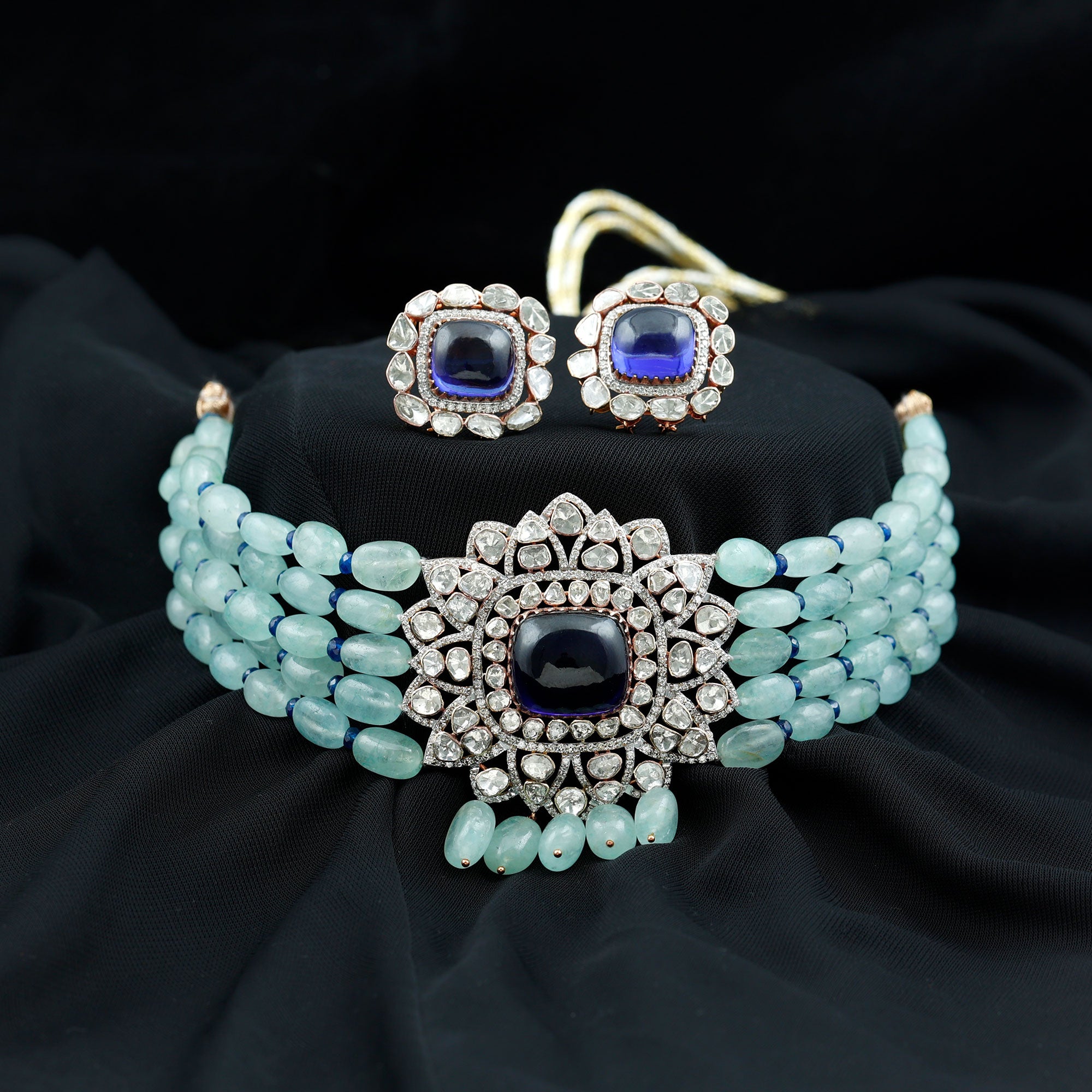 Created Tanzanite Polki Diamond Necklace Earrings Set with Created Blue Sapphire and Beryl - Rosec Jewels
