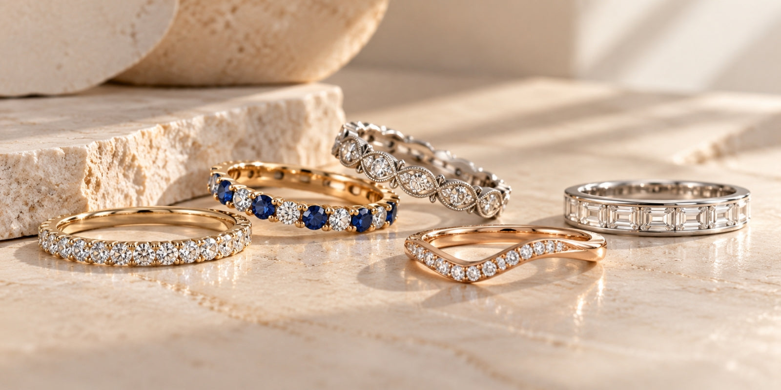 Curated collection of five luxury wedding bands featuring diamond, sapphire, vintage, curved, and baguette designs on a warm stone surface.