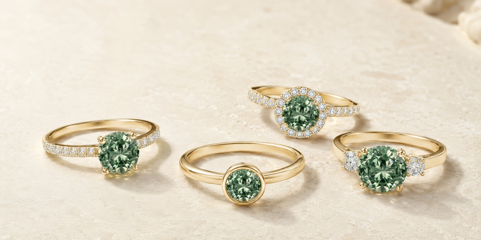 Four yellow gold rings with round lab-grown green diamonds in solitaire, bezel, halo and three-stone settings.