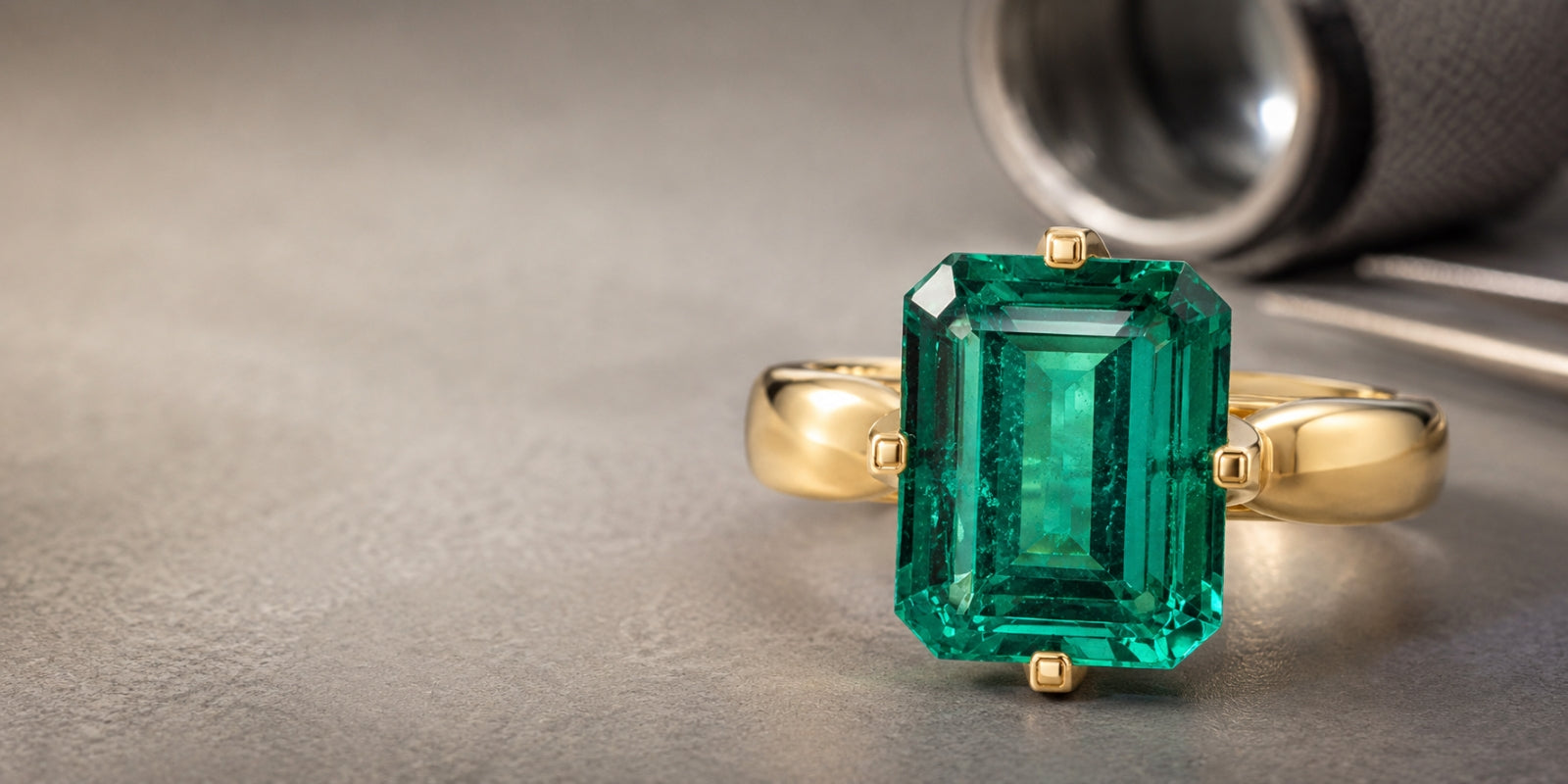 Close-up of a natural emerald-cut gemstone in a yellow-gold ring beside a jeweller’s loupe on a neutral surface.