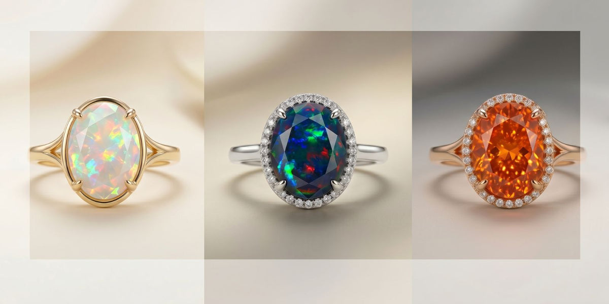 Side-by-side comparison of Ethiopian opal, black opal, and fire opal rings showing the visual difference between luminous play-of-color, dark dramatic contrast, and warm orange gemstone color