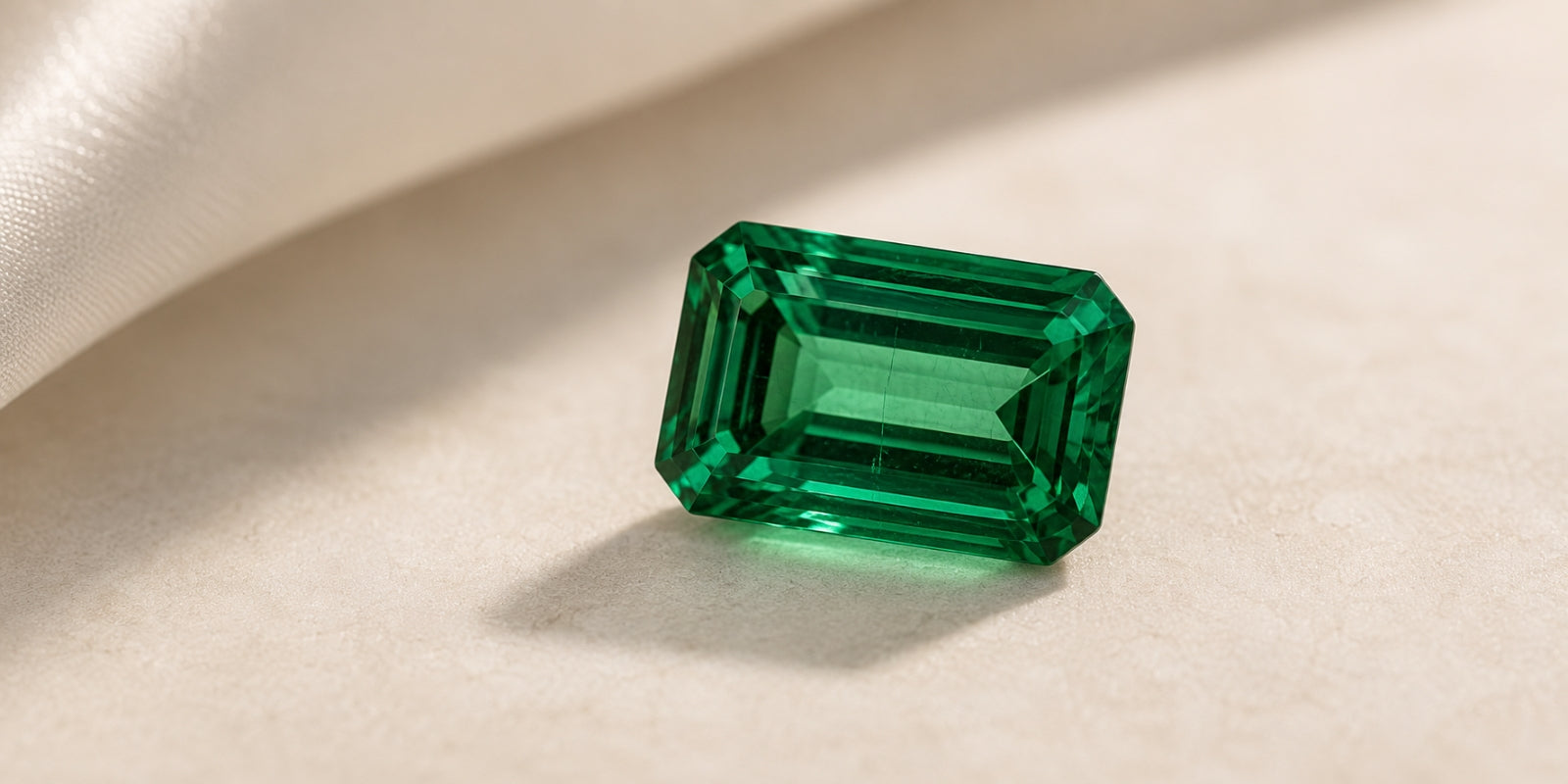 Loose emerald-cut lab-grown emerald resting on a soft cream surface, with realistic facet reflections and subtle internal growth features visible inside the green stone.